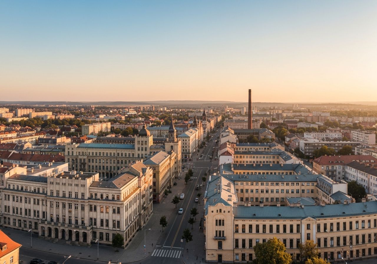 Panoramic aerial view of Zlín, showcasing the iconic Baťa architecture and modern urban landscape, golden hour lighting, 85mm lens, high resolution, no text, no words
