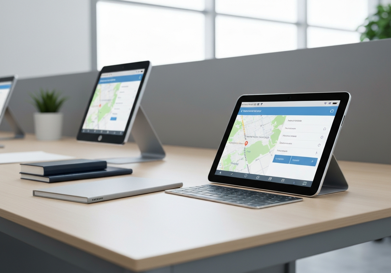 A professional logistics workspace with a tablet showing a map and a sleek, modern address lookup interface, clean aesthetic, soft natural light, 85mm lens, highly detailed, no text, no letters.
