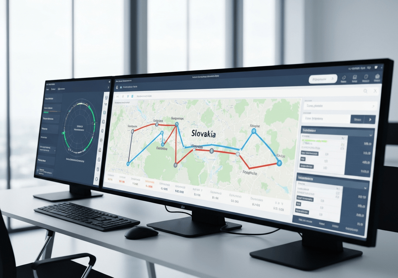 A high-tech digital logistics control room dashboard displaying interactive maps and real-time shipment routes to Slovakia, clean modern workspace, soft natural light, editorial photography, 85mm lens, highly detailed, no text, no words, no letters.