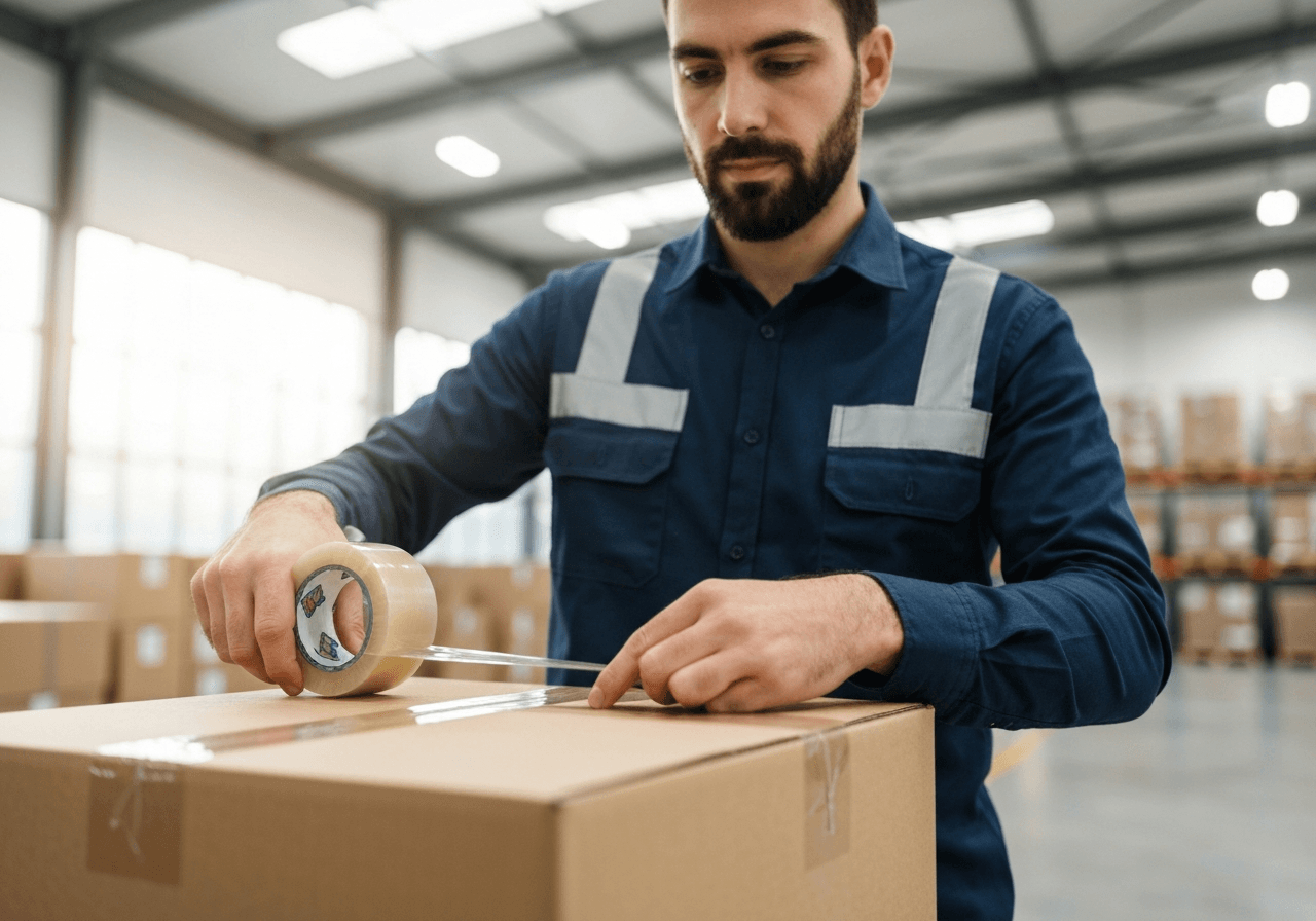 Professional logistics expert hands carefully sealing a high-quality cardboard box with reinforced tape, modern warehouse environment in the background, soft natural light, 85mm lens, depth of field, premium quality, no text, no words, no letters