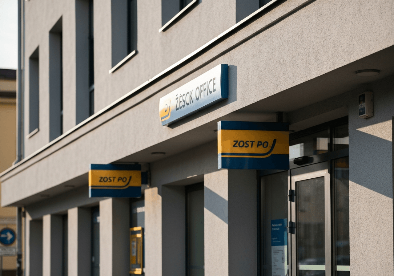 A professional, clean exterior shot of a modern Czech Post office branch, sleek signage, soft natural daylight, shallow depth of field, 85mm lens, minimalist urban architectural style, no text, no words, no letters.