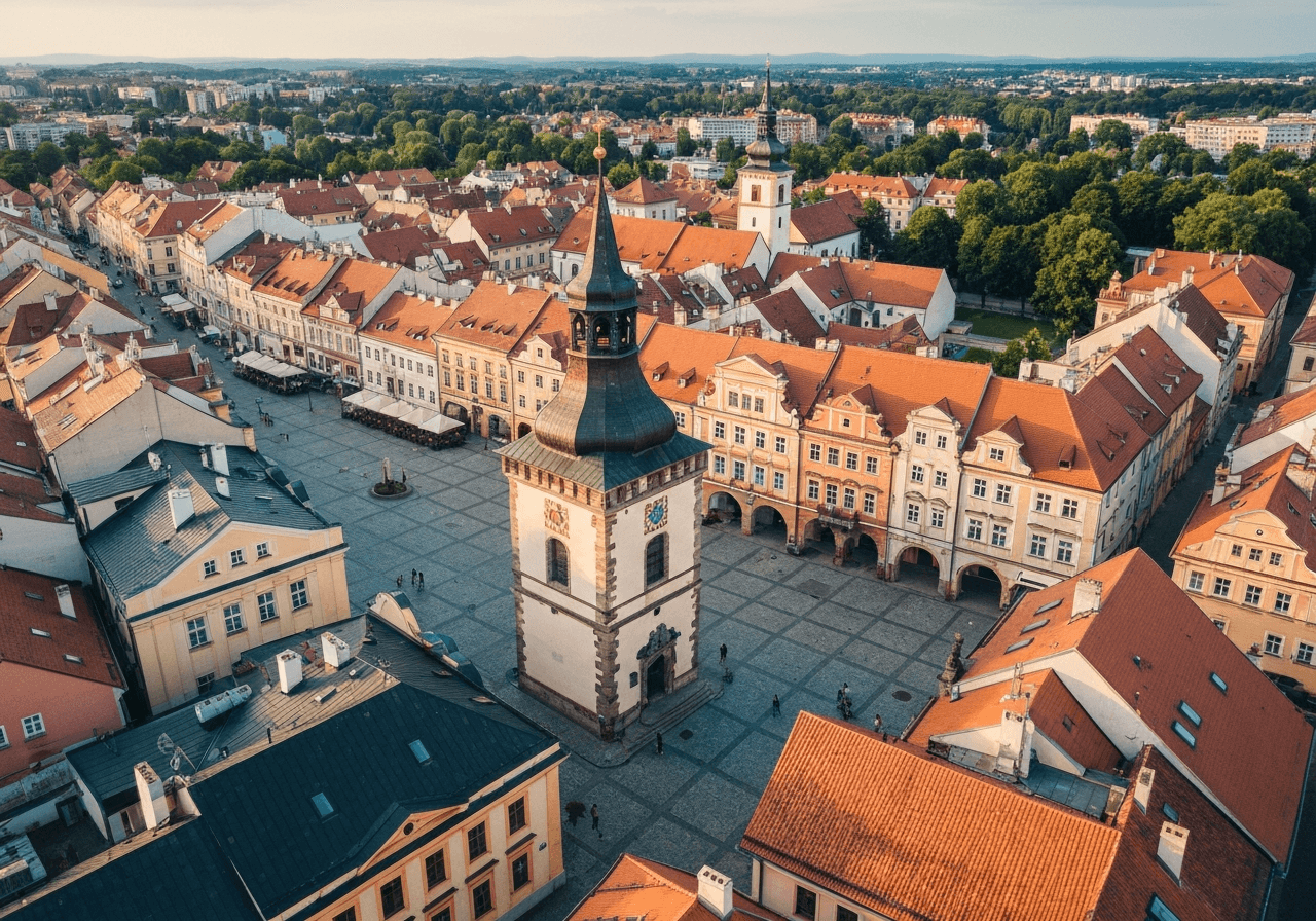 Aerial view of the historical town square of Vyškov in the Czech Republic, vibrant morning light, architectural photography, modern and clean style, 85mm lens, no text, no letters.
