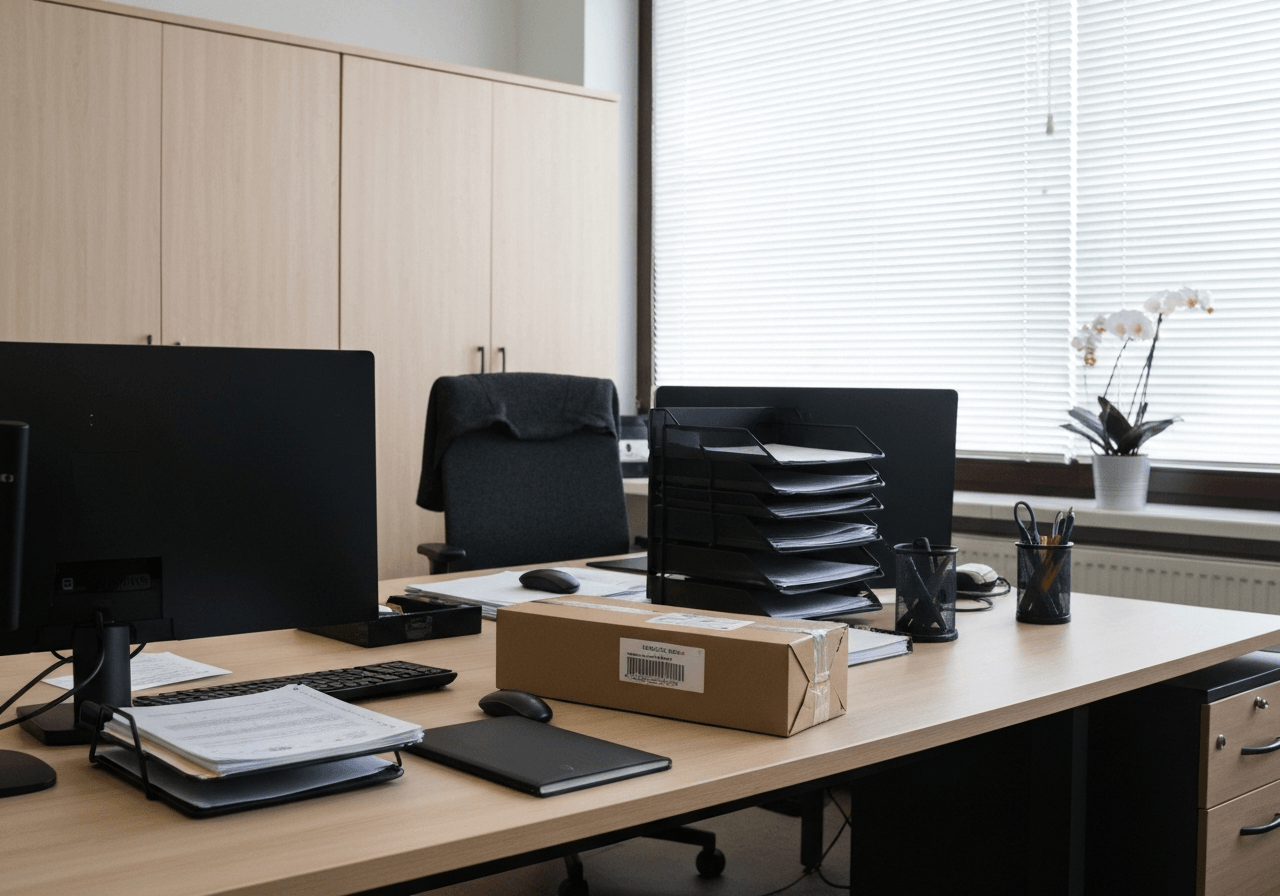 A neat, organized desk in a modern Czech office with a clearly addressed parcel, soft natural lighting, editorial aesthetic, 85mm lens, high resolution, no text, no words, no letters.