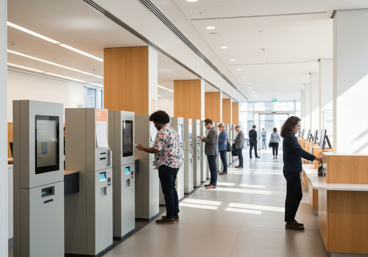A busy, modern post office interior viewed from a clean, minimalist perspective, a person using a digital kiosk to check in, soft natural light, professional editorial photography, 85mm lens, high resolution, no text, no letters