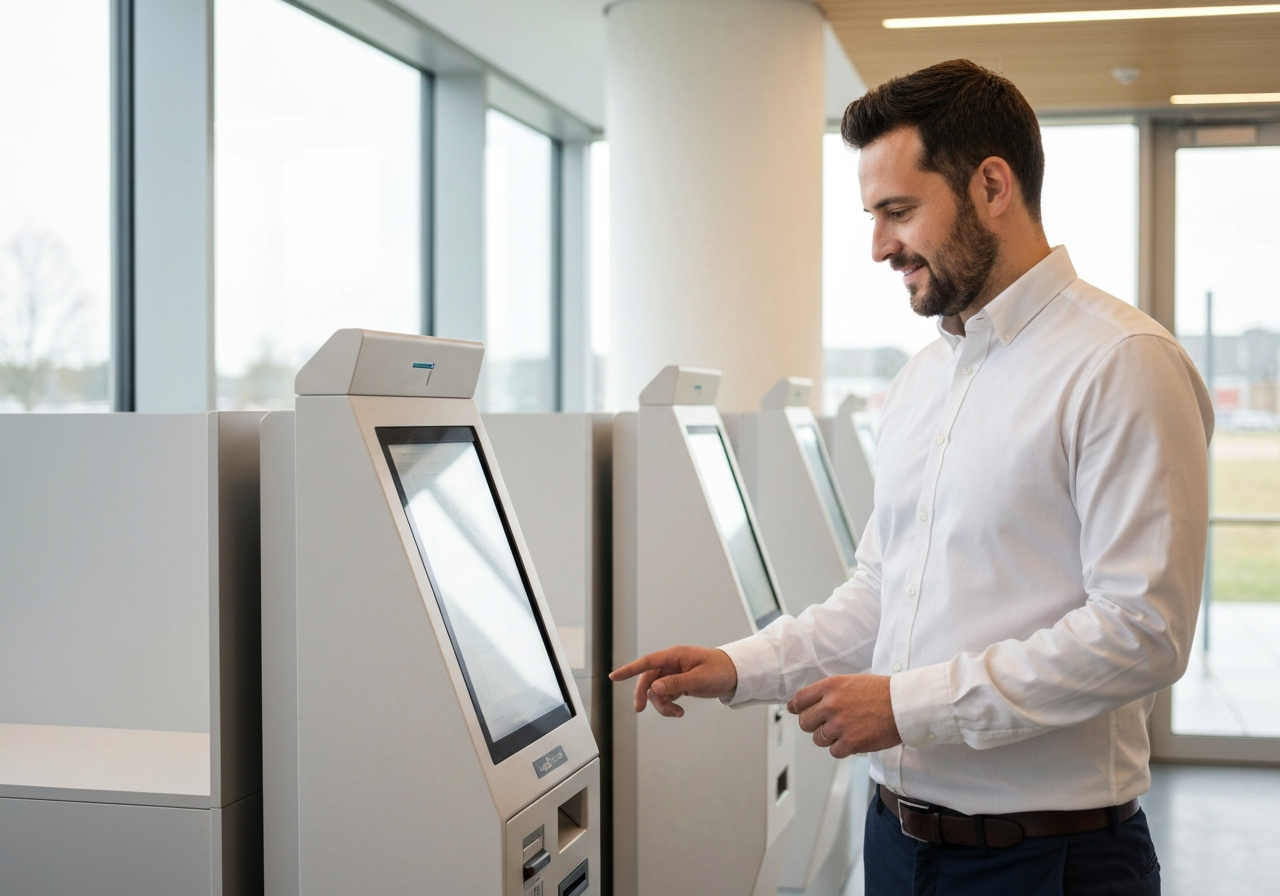 A professional person using a sleek digital self-service kiosk at a modern post office facility, minimalist interior design, soft natural morning light streaming through large windows, editorial photography, 85mm lens, high quality, no text, no words, no letters.
