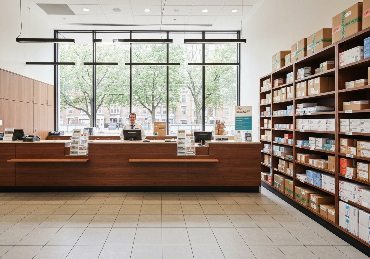 A professional, modern post office interior with a clean service counter and organized parcel shelving, editorial photography, soft natural light, 85mm lens, high quality, no text, no words, no letters.