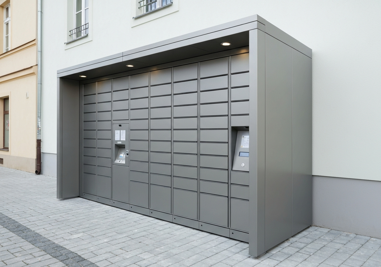 A modern automated parcel locker station exterior, sleek metallic design, clean urban environment in a Czech town, editorial photography, soft natural daylight, 85mm lens, high contrast, no text, no words, no letters.