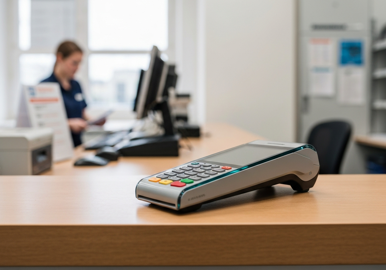 A modern, sleek contactless payment terminal on a clean wooden counter at a post office, soft natural light, shallow depth of field, 85mm lens, professional editorial aesthetic, no text, no words, no letters.
