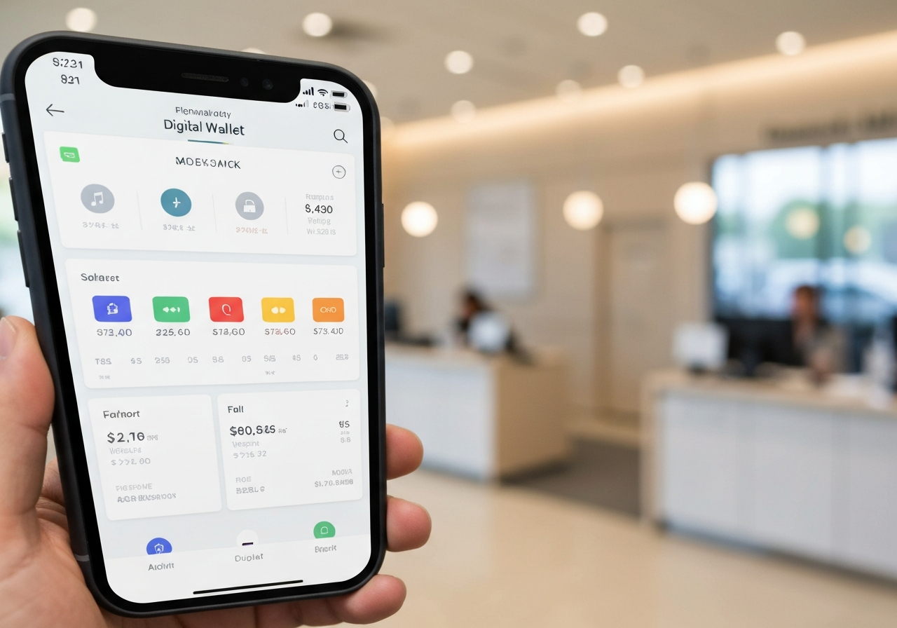 A professional close-up of a smartphone showcasing a digital wallet interface, blurred background of a clean, modern bank branch interior, premium aesthetic, soft natural light, 85mm lens, high resolution, no text, no letters.