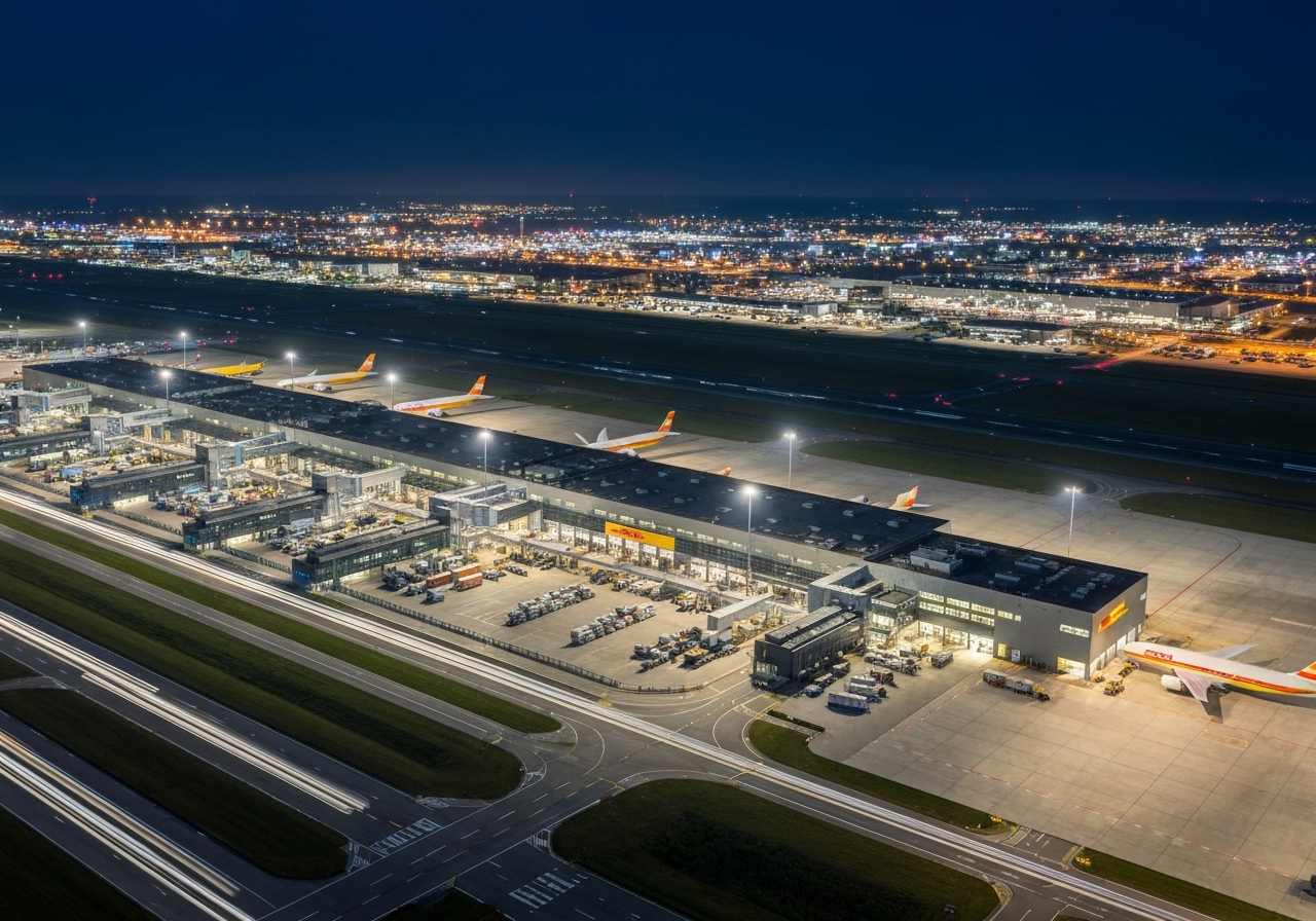 Aerial wide shot of the DHL Hub Leipzig at night, illuminated sorting facility runways, cargo planes on tarmac, high-tech industrial aesthetic, dramatic long exposure lighting, 85mm lens, sharp focus, professional logistics photography, no text, no words, no letters