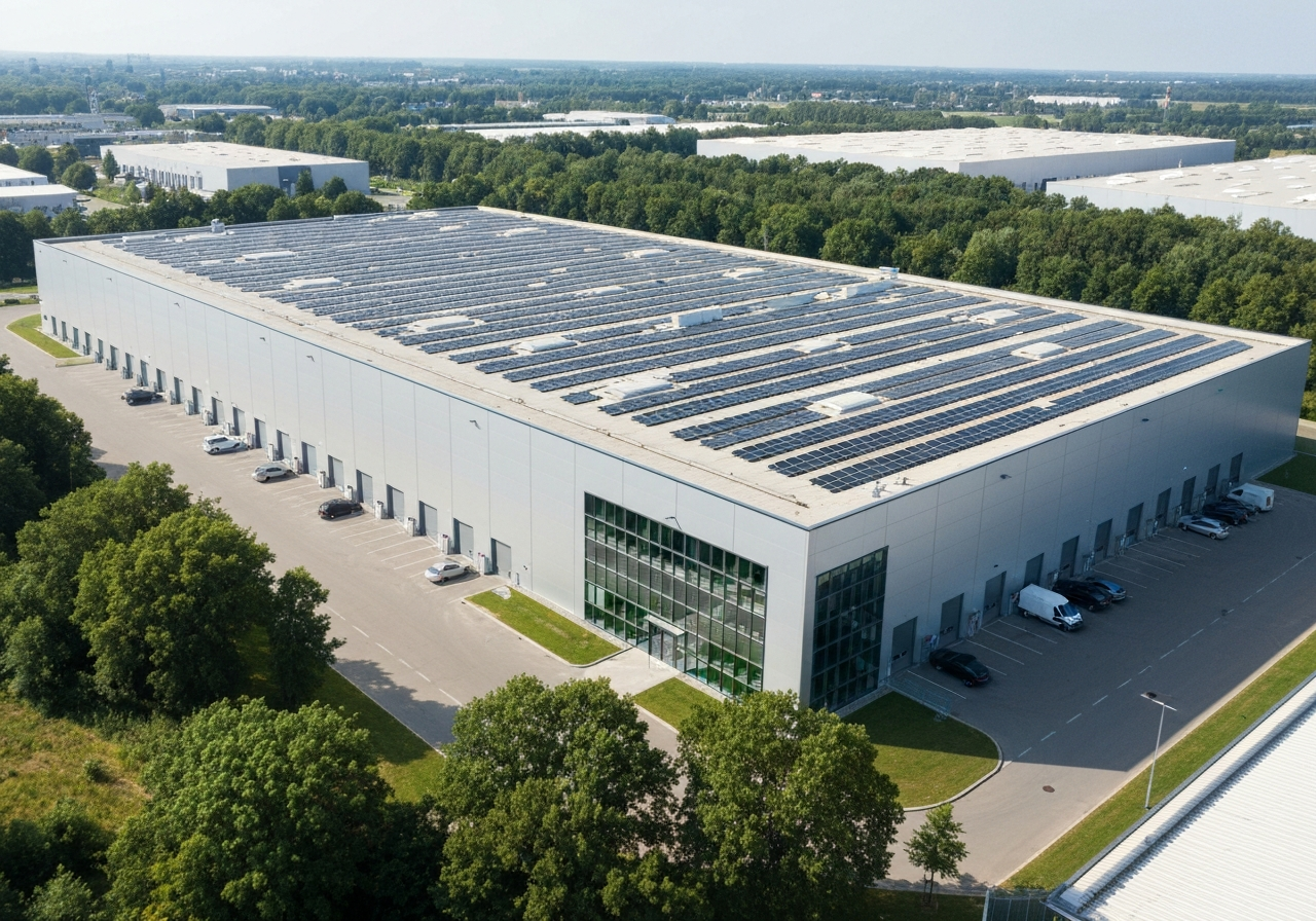 Aerial view of a massive modern logistics facility in Leipzig with green solar panels on the roof and surrounding trees, bright sunlight, architectural photography, hyper-realistic, soft natural light, 85mm lens, no text, no words