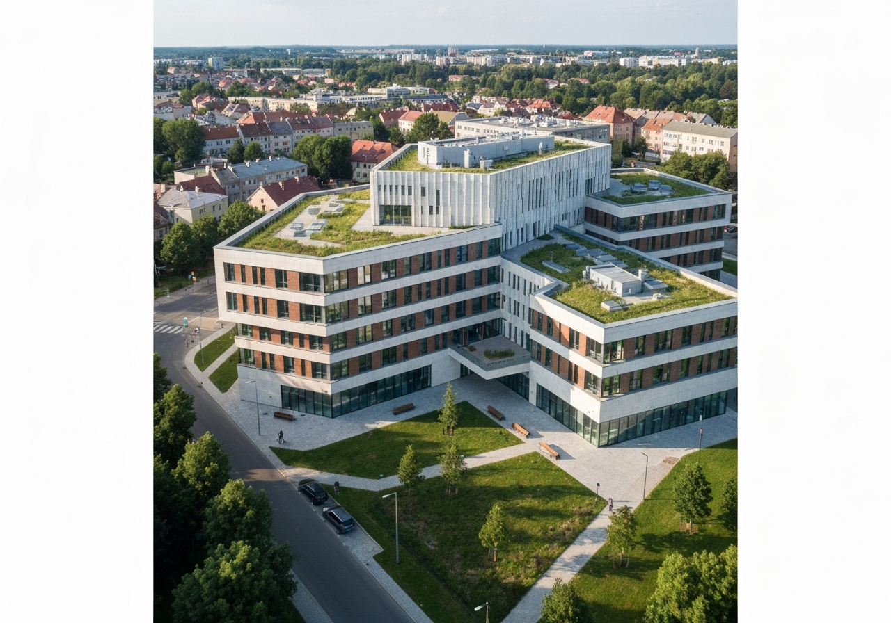 Aerial architectural shot of a modern multifunctional building in Prostějov with integrated green spaces, urban planning context, soft natural light, editorial photography, 85mm lens, high resolution, no text, no letters