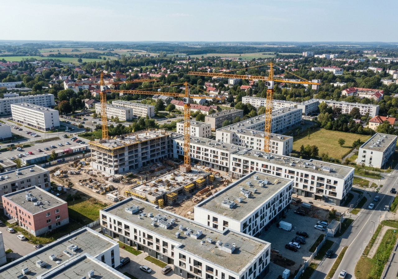 Aerial view of a modern urban development site in Prostějov, construction cranes integrated with green city zones, clean architectural lines, premium editorial photography, soft natural daylight, 85mm lens, high detail, no text, no words, no letters