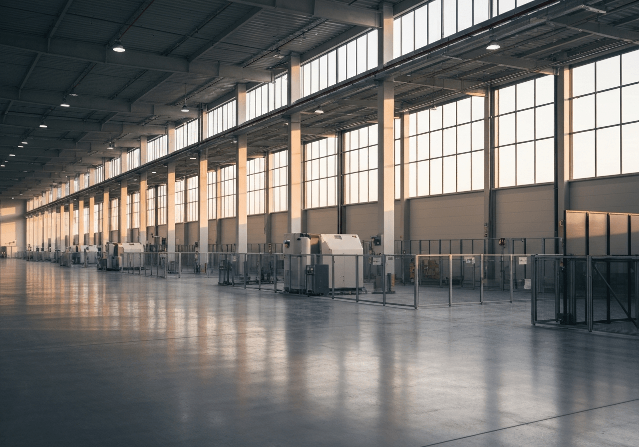 A professional logistics warehouse interior at sunset, modern, clean, editorial photography, soft natural light, 85mm lens, high-tech industrial aesthetic, no text, no words, no letters