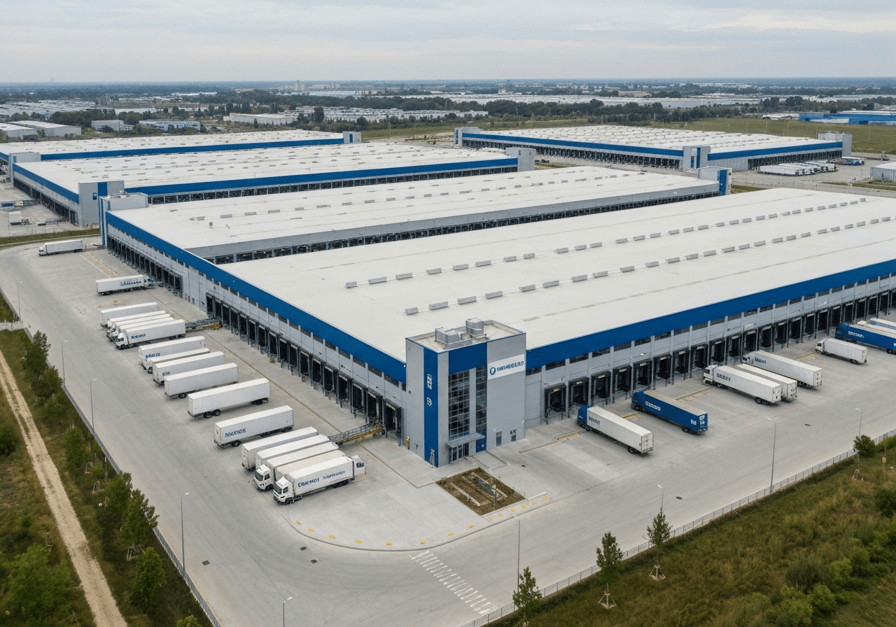 Aerial view of a modern high-tech distribution warehouse hub with organized transport vehicles, sleek modern architecture, editorial photography, soft natural light, 85mm lens, high contrast, clean professional aesthetic, no text, no words, no letters