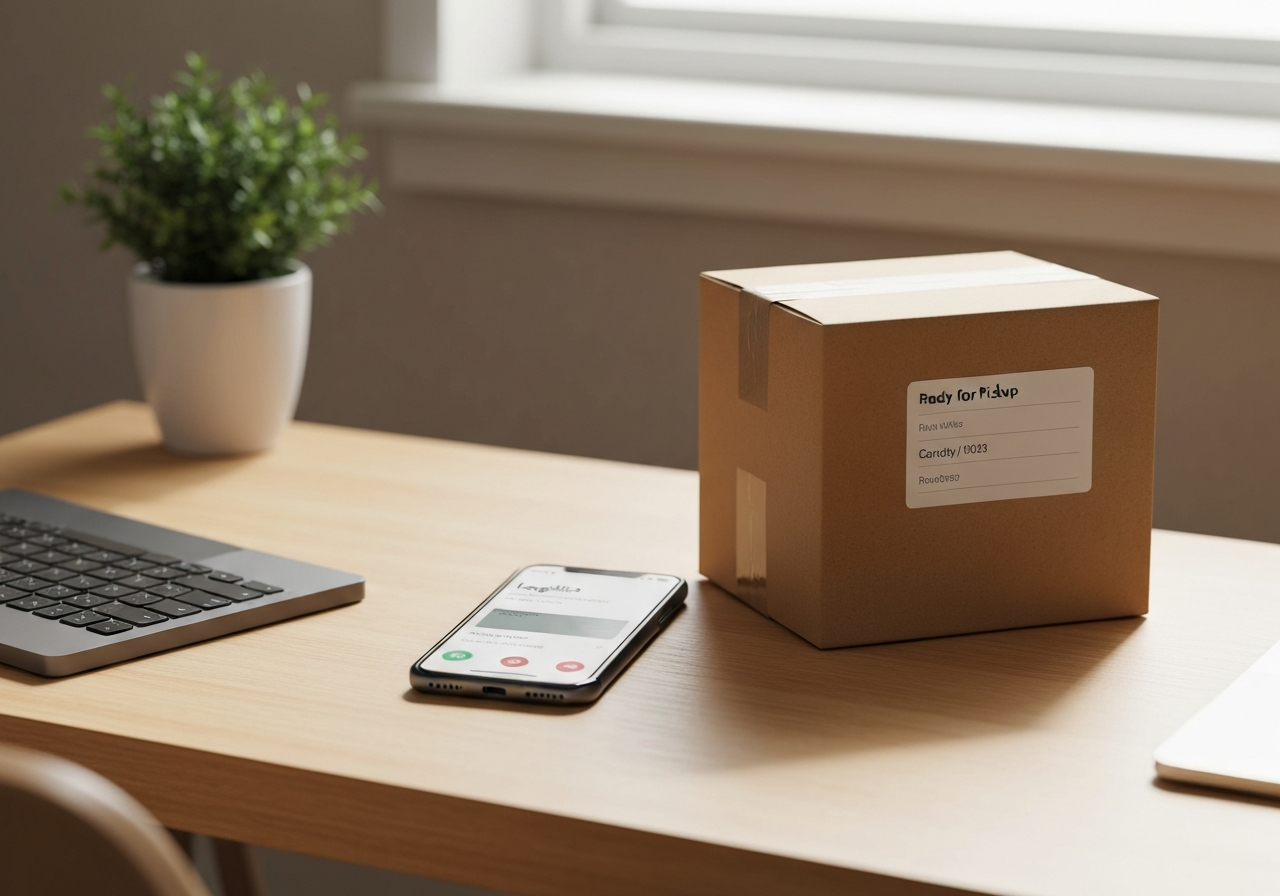 A minimalist, modern home office desk featuring a smartphone with a logistics app open, a neatly labeled cardboard parcel ready for pickup, soft natural light, professional editorial style, 85mm lens, high resolution, no text, no letters