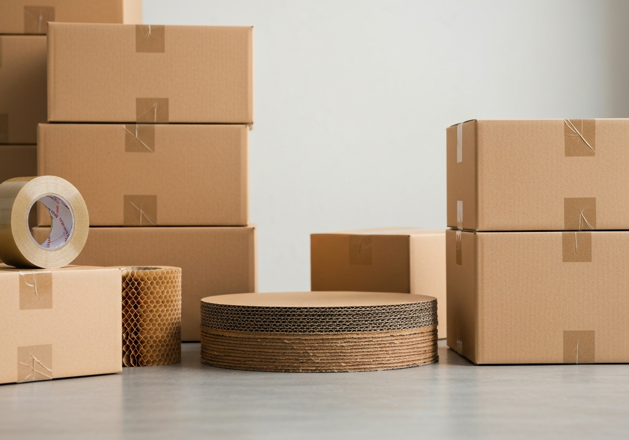 A professional logistics warehouse setting featuring high-quality corrugated cardboard boxes, honeycomb paper void fill, and heavy-duty shipping tape, clean minimalist aesthetic, soft natural light, professional editorial photography, 85mm lens, no text, no words, no letters