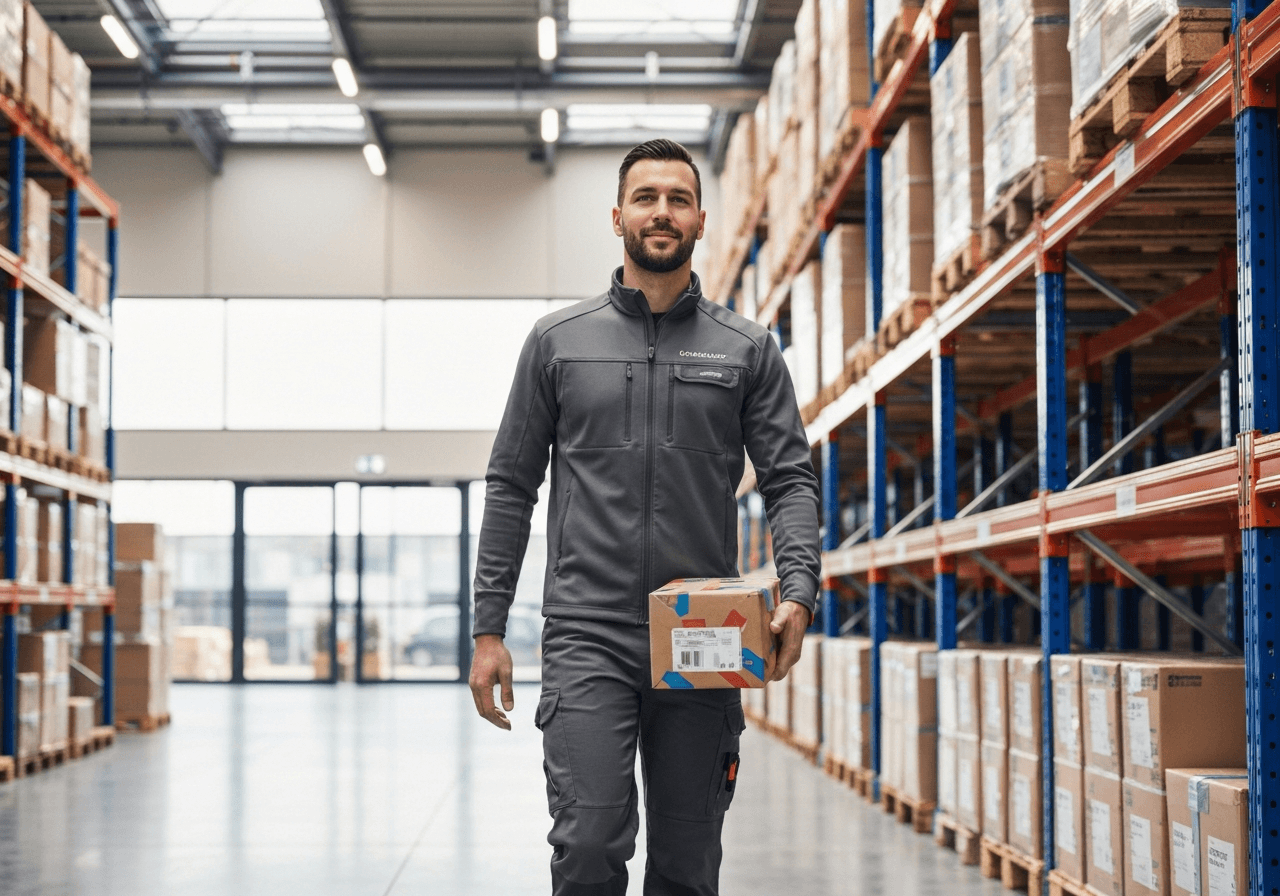 A professional logistics worker handling a branded parcel in a modern, organized distribution warehouse, clean aesthetic, editorial photography, soft natural light, 85mm lens, highly detailed, no text, no letters