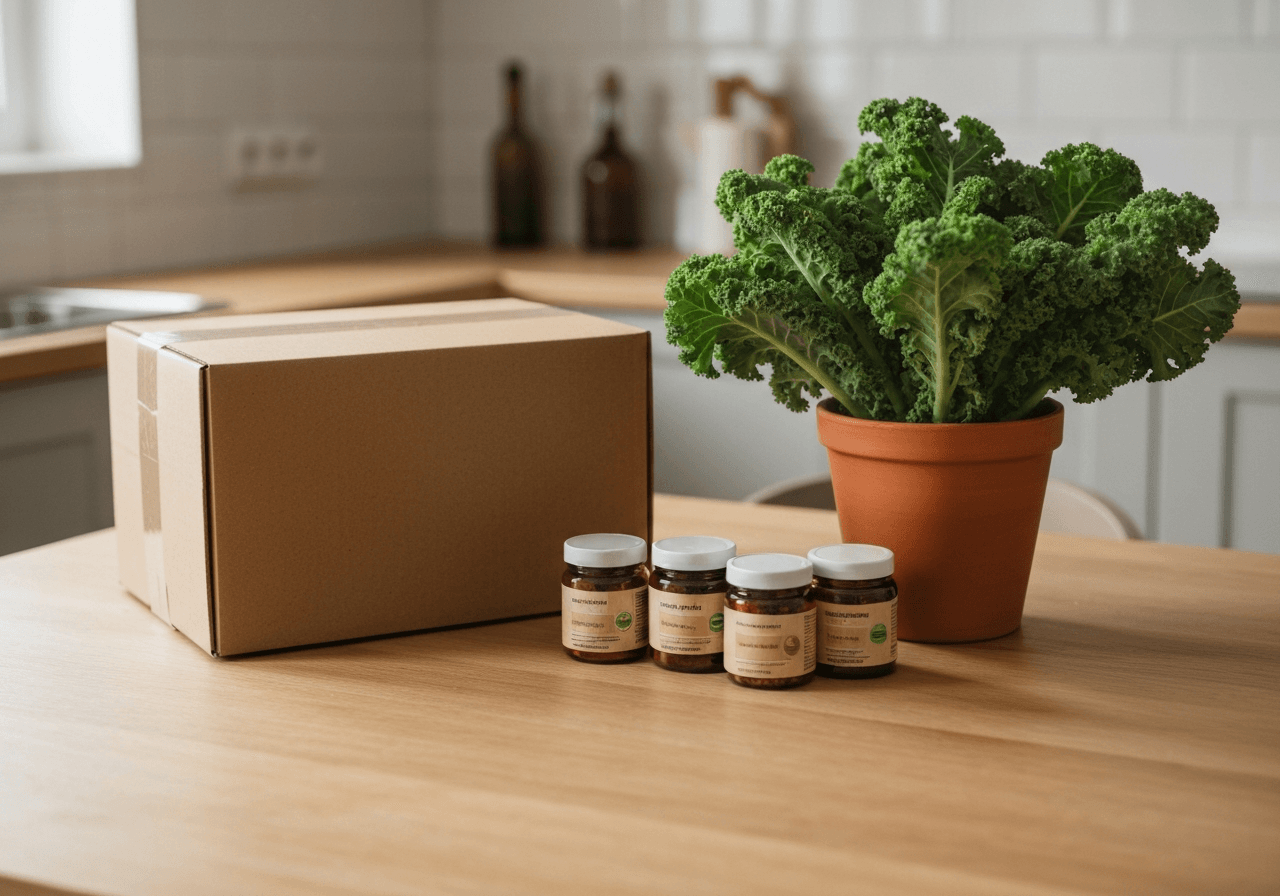 A neat, minimalist cardboard delivery box sitting on a clean wooden table next to jars of organic supplements and fresh green kale, soft natural morning light, cinematic editorial style, 85mm lens, high resolution, no text, no words, no letters