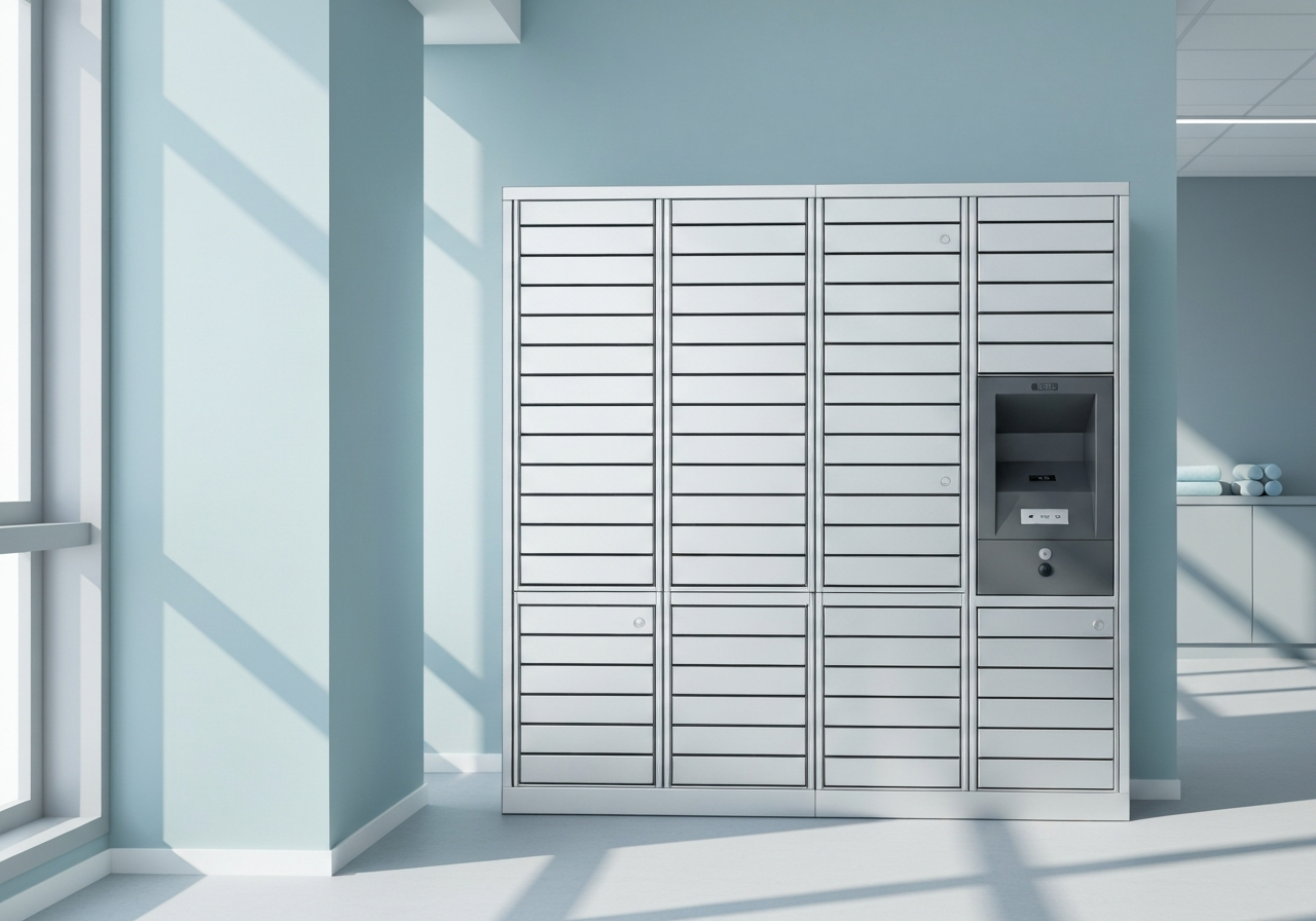 A sleek, modern delivery parcel locker standing in a minimalist wellness studio environment, clean lines, professional aesthetic, soft natural light, 85mm lens, high resolution, no text, no words, no letters.