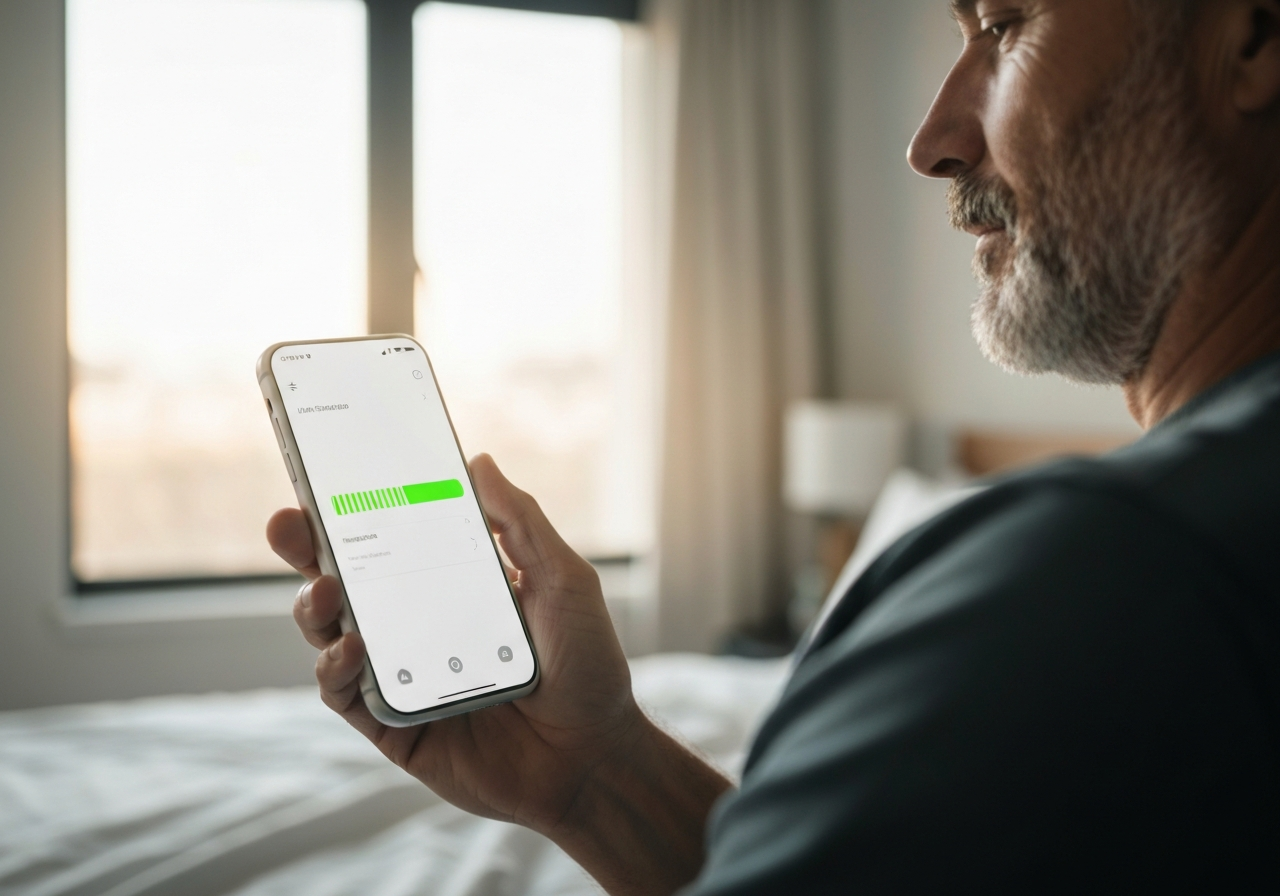 A close-up shot of a smartphone screen showing a sleek package tracking interface with a glowing green progress bar, held by a person in a modern bright wellness clinic, soft natural light, shallow depth of field, 85mm lens, minimalist aesthetic, no text, no words, no letters