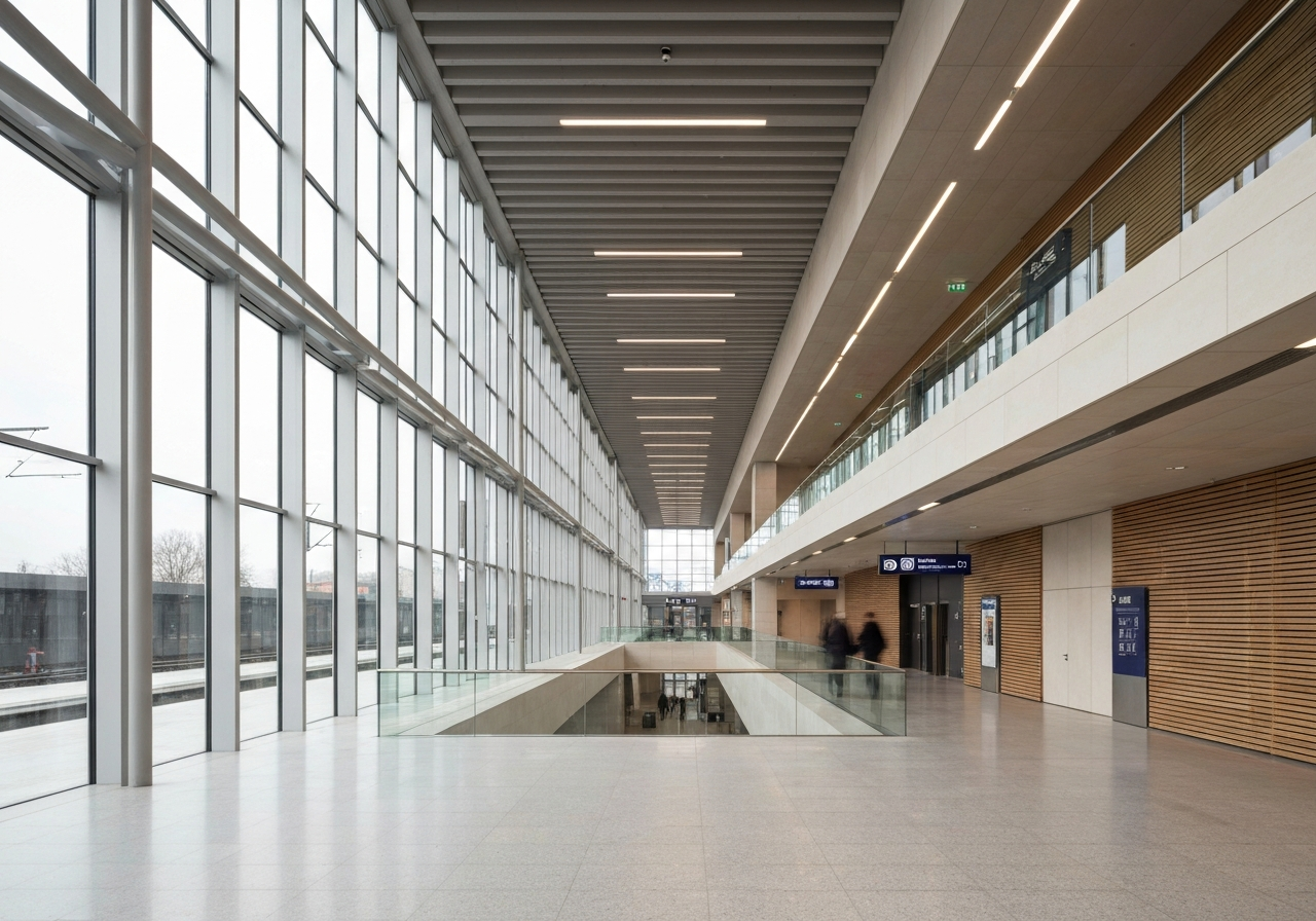 Úschovna zavazadel Pardubice: Rychlý návod (2026) 2 Interior view of the renovated Pardubice main railway station concourse, modern architecture with glass and steel elements, a blurred bustling station atmosphere, high-end editorial style, soft natural light streaming through windows, 85mm lens, no text, no words, no letters