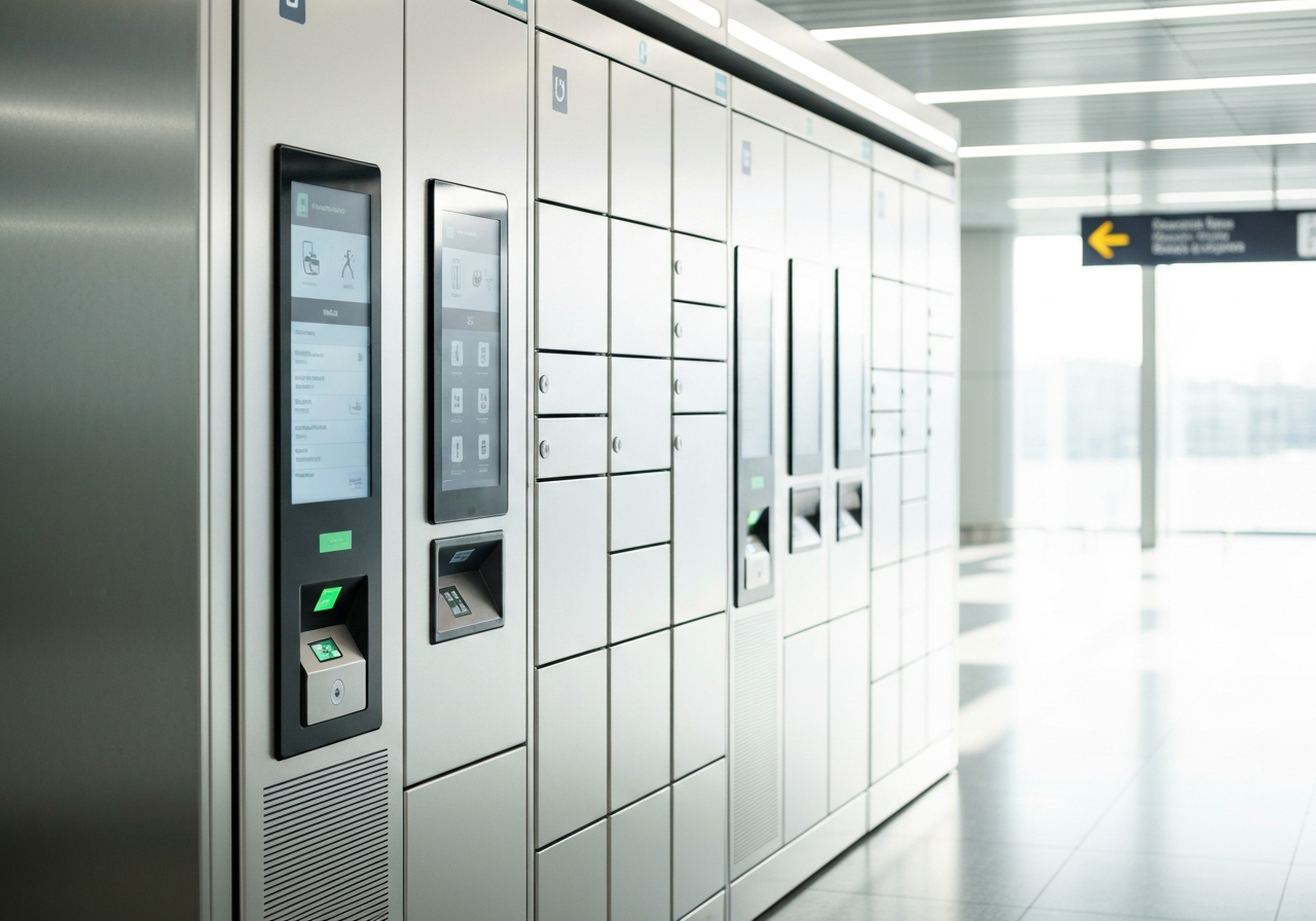 Úschovna zavazadel Pardubice: Rychlý návod (2026) 3 A sleek, modern automated locker system in a bright, clean transit hub interior, minimalist design with digital interface panels, soft natural light reflecting off metallic surfaces, editorial photography, 85mm lens, high resolution, no text, no words, no letters