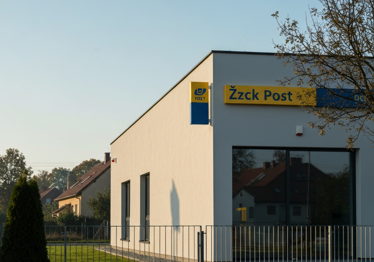 Editorial photography, modern signage of a Czech Post office building in Štěchovice, clean suburban architecture, soft natural morning light, 85mm lens, high resolution, no text, no letters