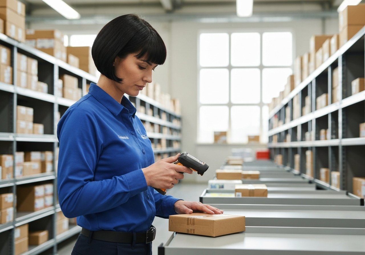 A professional logistics worker scanning a parcel in a bright, modern postal sorting facility, organized shelving in the background, editorial photography, soft natural light, 85mm lens, highly detailed, no text, no letters