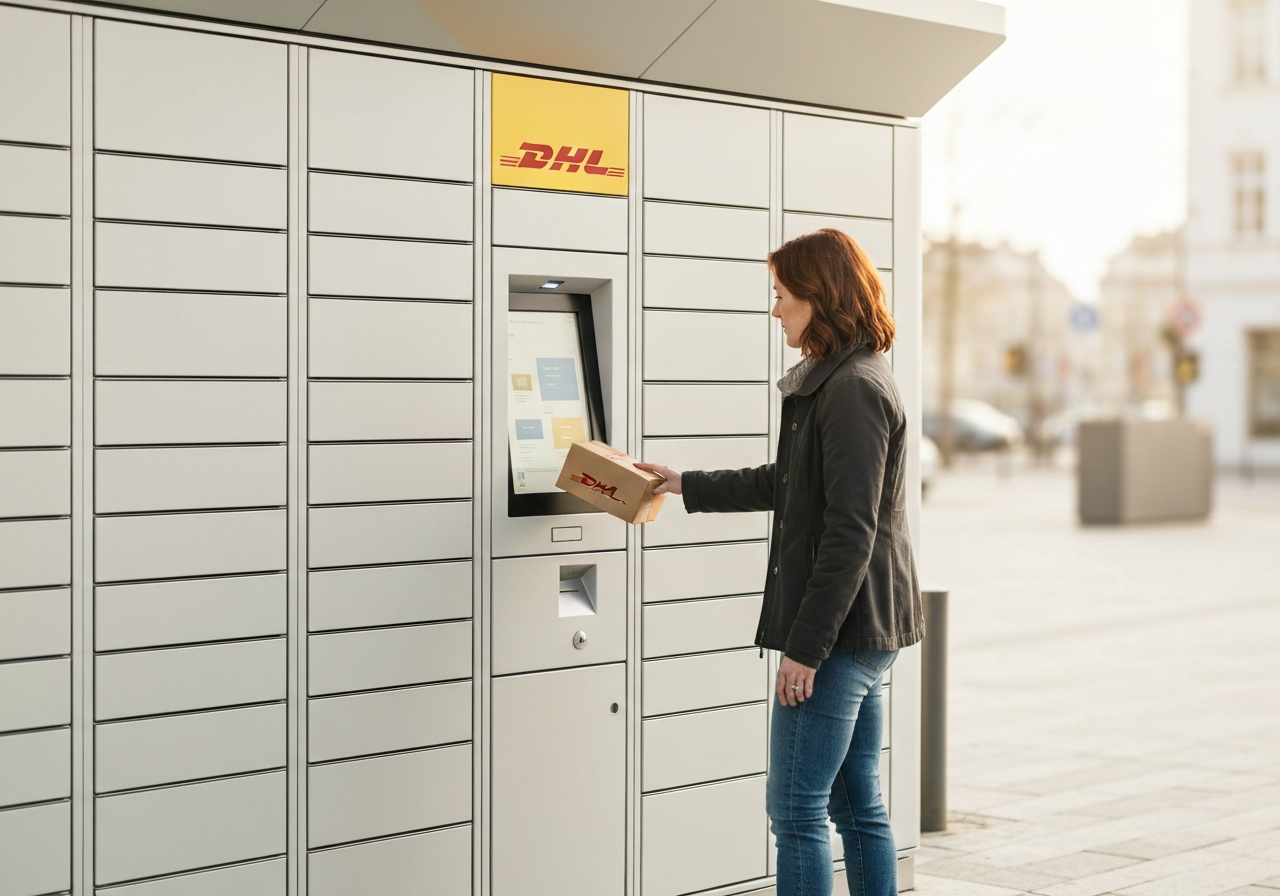 A modern, minimalist DHL parcel locker station in a bright, clean urban environment, a person interacting with the screen to retrieve a package, editorial photography, soft natural light, 85mm lens, depth of field, high-end logistics aesthetic, no text, no words, no letters.