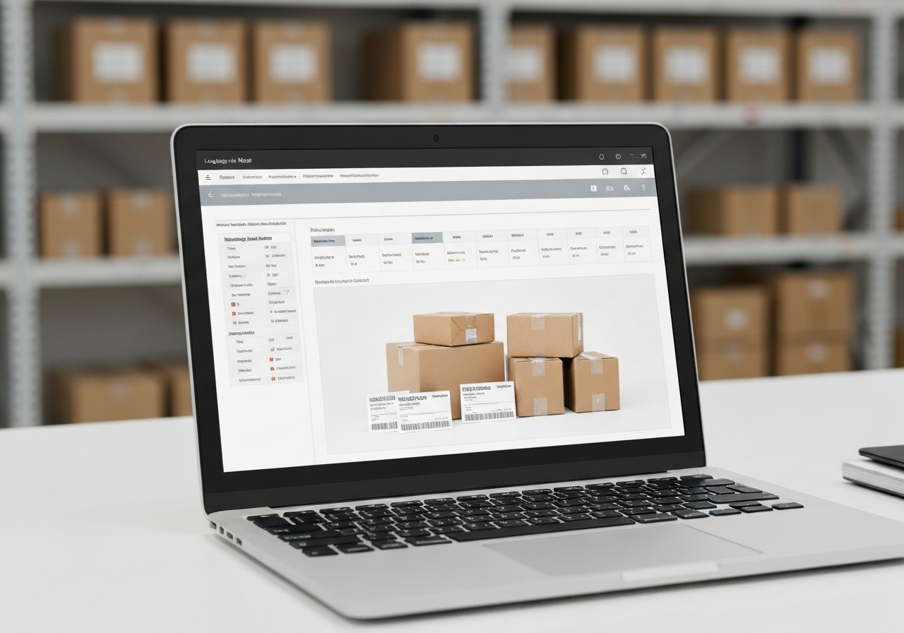 A professional logistics dashboard on a laptop screen with shipping labels, organized parcels in a clean, modern warehouse background, soft natural light, editorial photography style, 85mm lens, high quality, no text, no letters