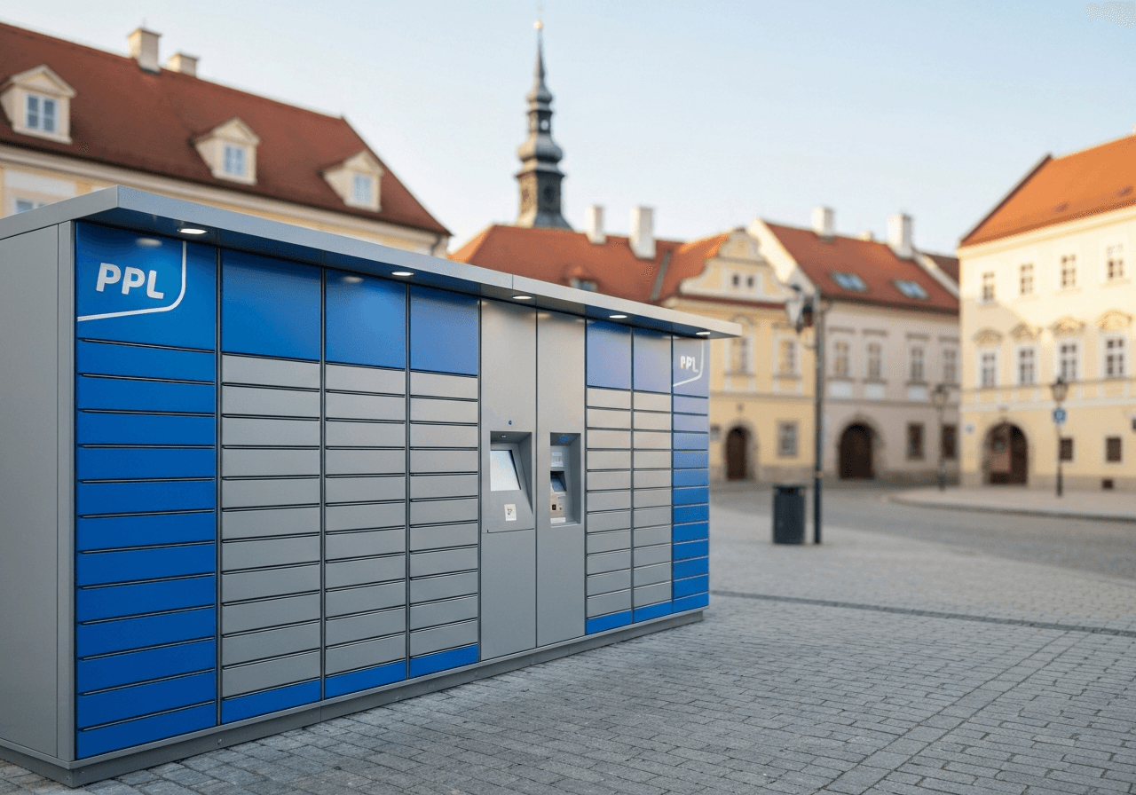Modern automated PPL parcel locker station standing on a clean paved street in the historic town of Zamberk, soft natural morning sunlight, 85mm lens, depth of field, premium editorial quality, no text, no letters
