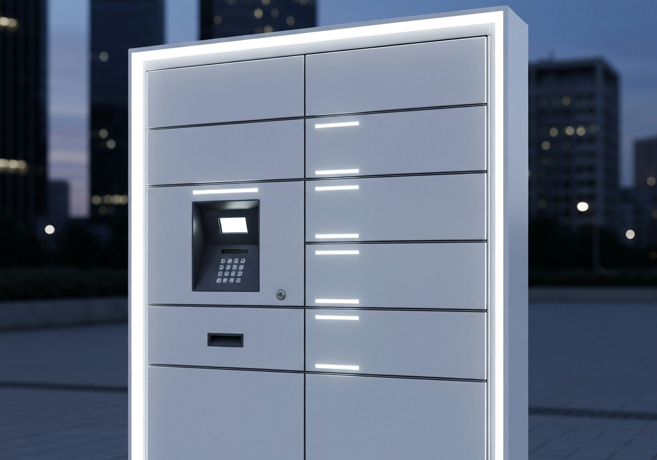 A sleek, modern automated parcel locker unit situated in a clean urban environment at twilight, glowing LED indicators, editorial photography, 85mm lens, minimalist aesthetic, professional lighting, no text, no letters