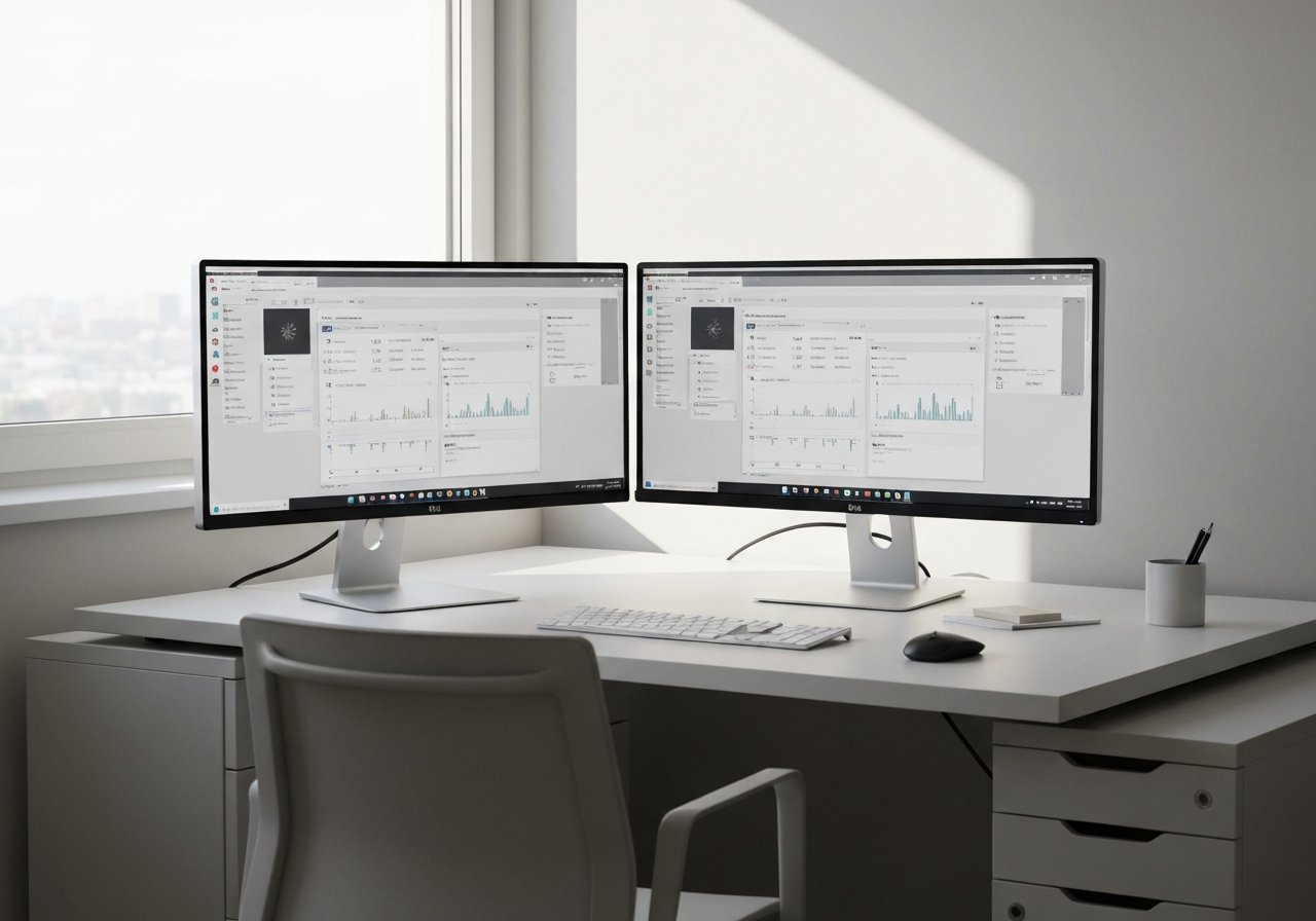 A high-end minimalist office desk setup with a dual-monitor display showing perfectly tiled software windows, clean desktop workspace, architectural photography, soft natural light, 85mm lens, high resolution, no text, no letters.