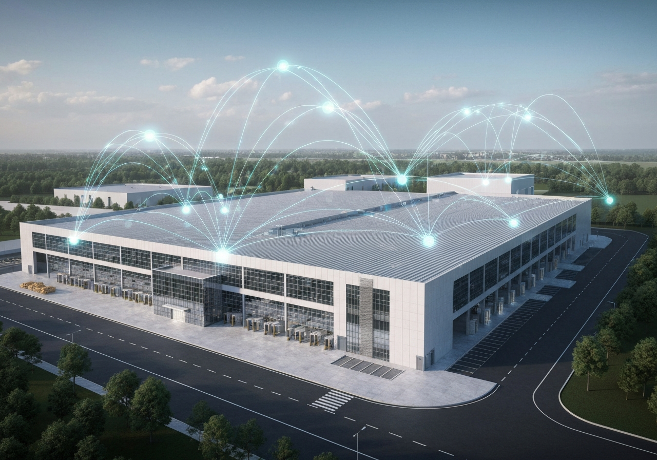 Aerial view of a modern logistics center with stylized global network lines connecting points, professional editorial aesthetic, clean minimalism, soft natural lighting, high resolution, no text, no words, no letters