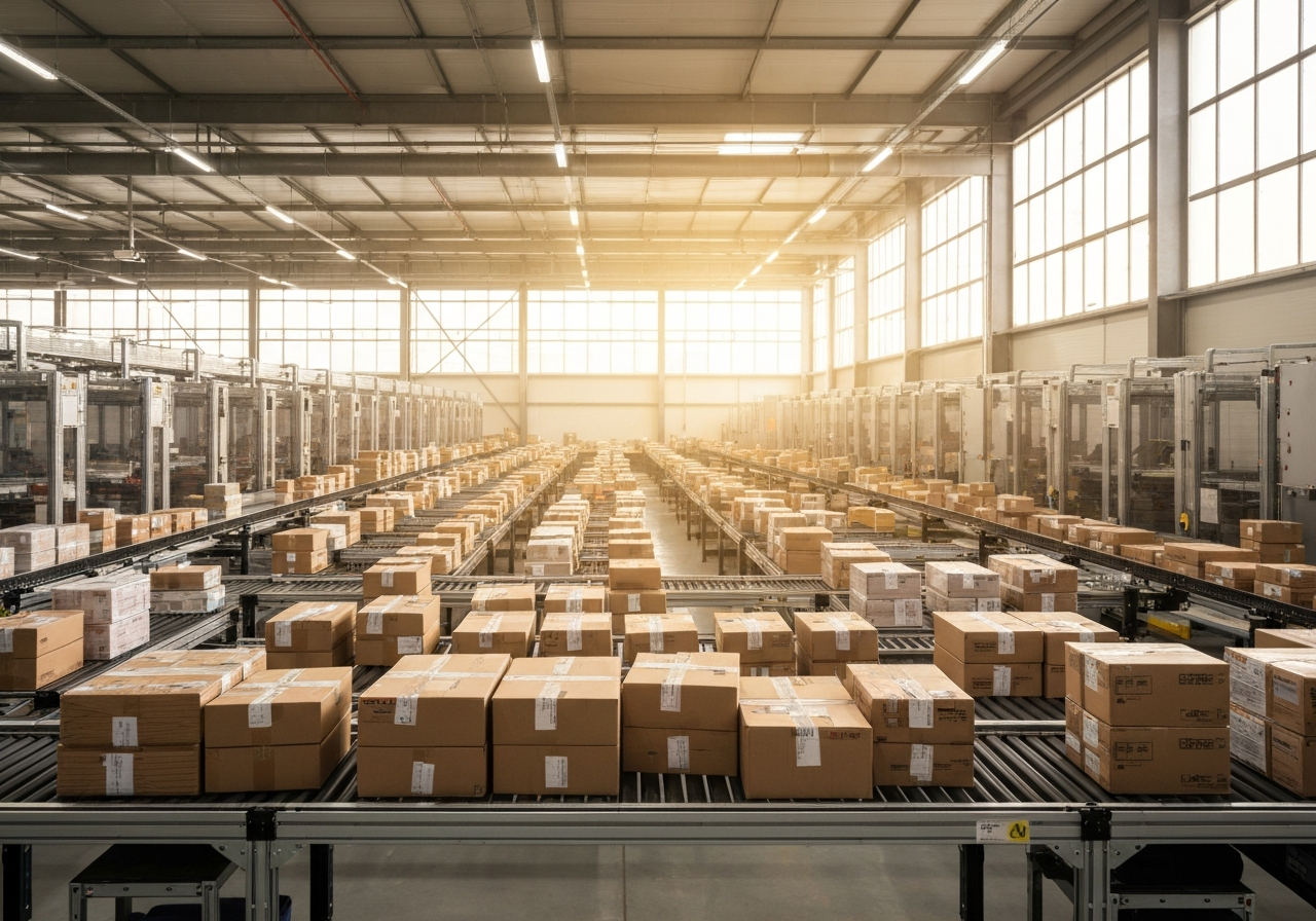 A professional logistics warehouse interior with modern automated systems, rows of organized parcels, clean industrial aesthetic, editorial photography, soft natural light, 85mm lens, high resolution, no text, no words, no letters
