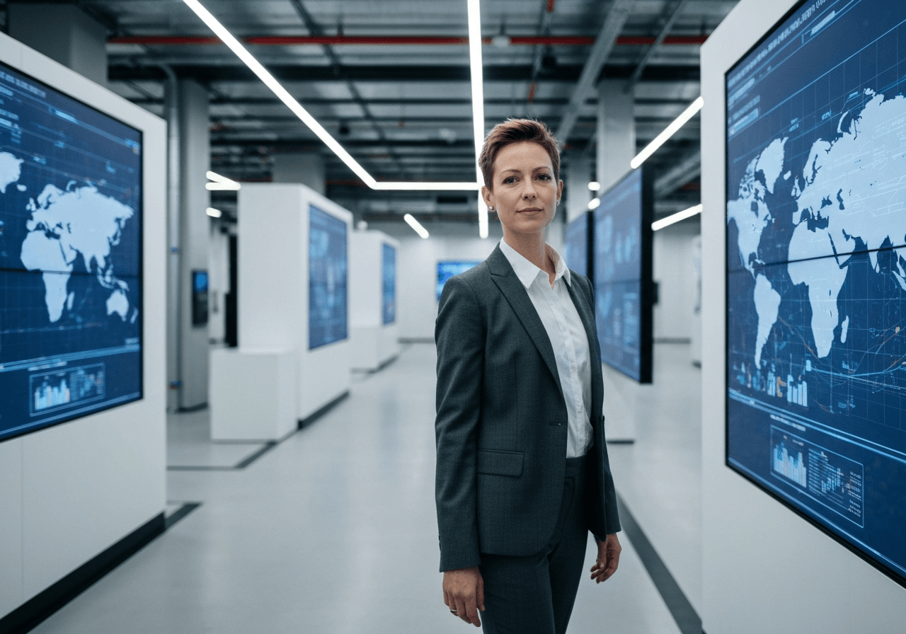 A professional female entrepreneur standing in a modern, minimalist logistics hub with digital screens displaying global data flow, editorial photography, sharp focus, soft natural light, 85mm lens, high-end professional aesthetic, no text, no words, no letters.