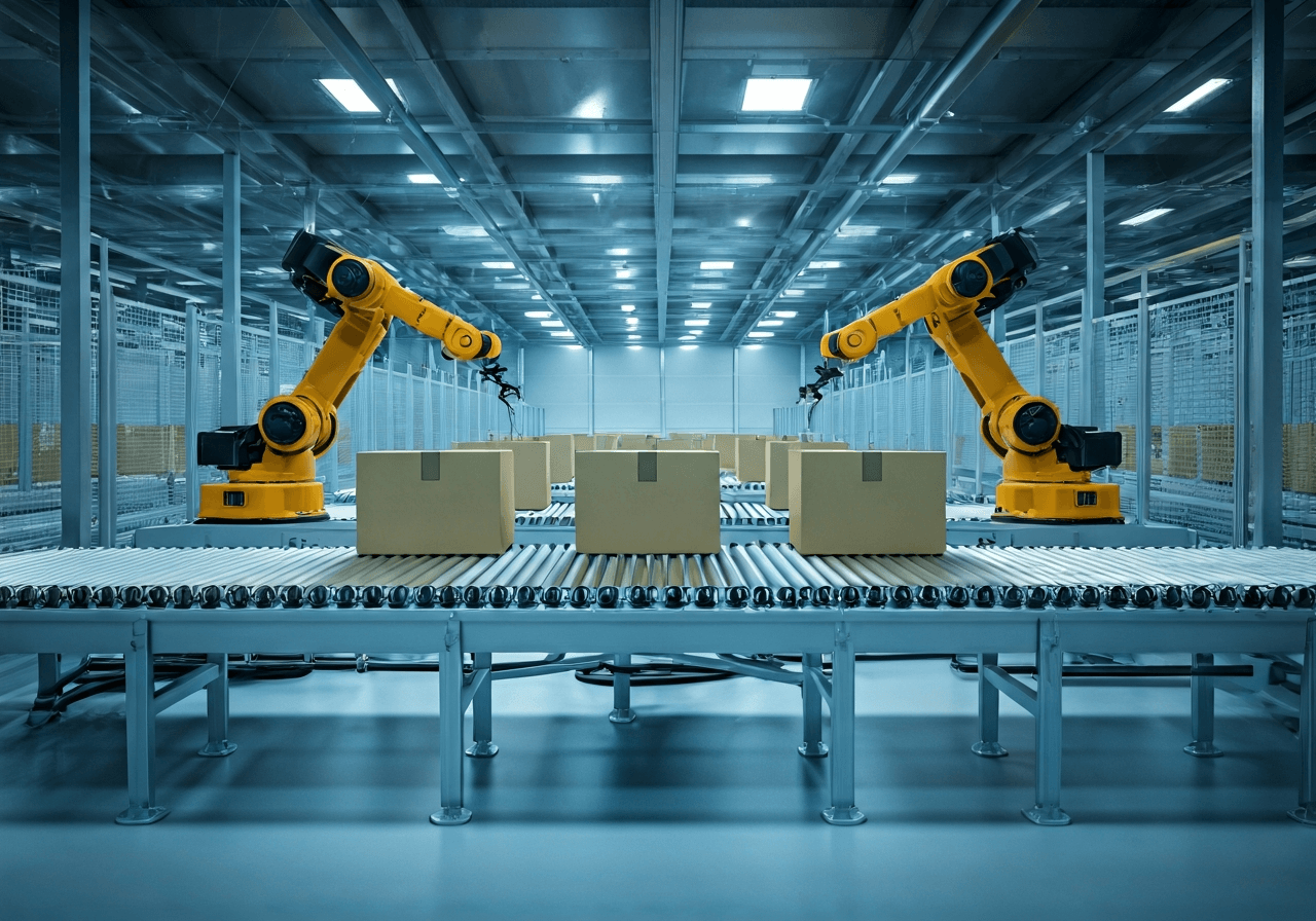 A futuristic automated warehouse with robotic arms moving parcels on conveyor belts, clean industrial environment, high-tech interior, editorial photography, soft cool blue lighting, 85mm lens, depth of field, no text, no words, no letters