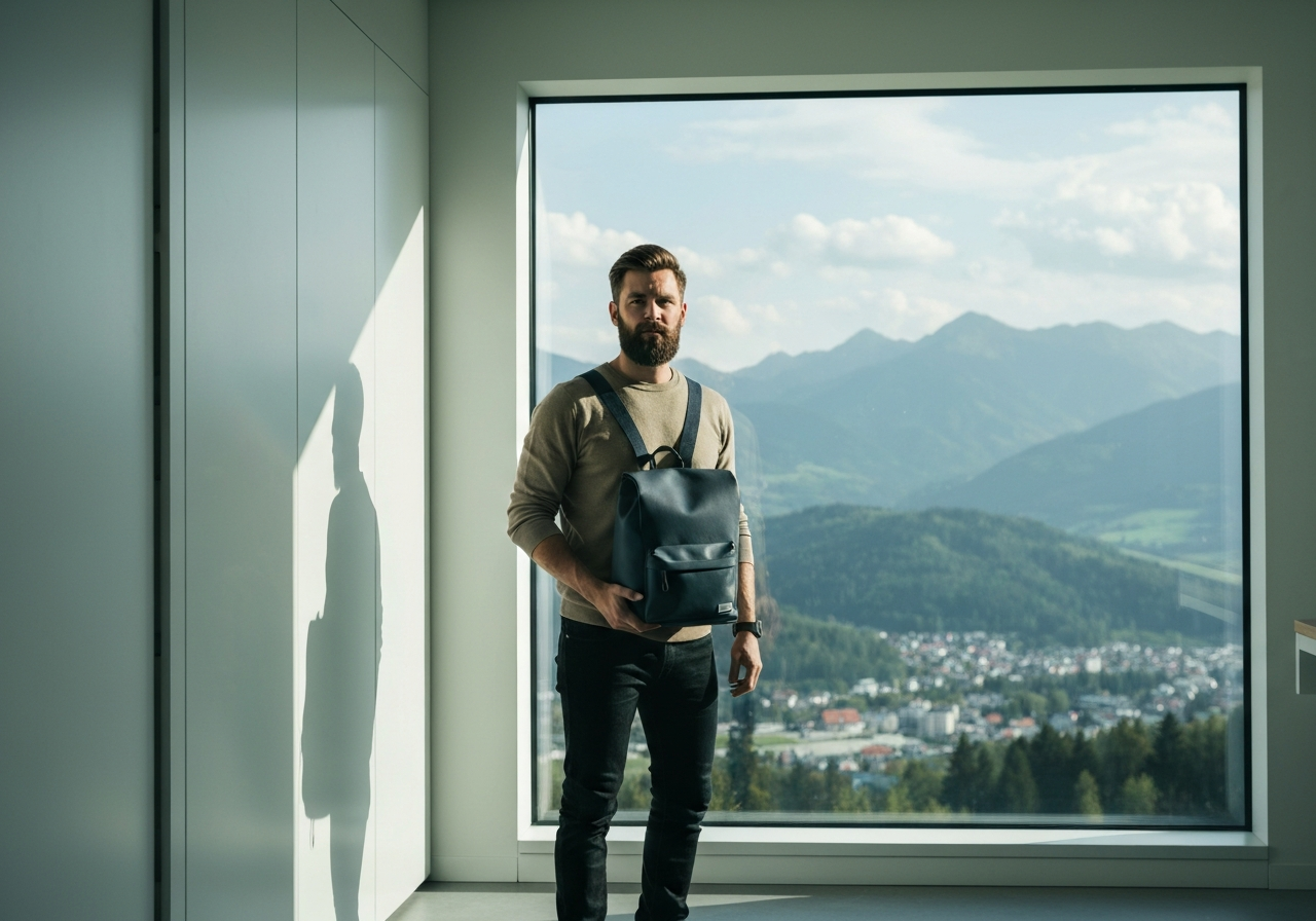 A stylish traveler standing in a bright, modern luggage storage facility in Poprad, holding a minimalist backpack, mountainous landscape visible through a clean window, editorial photography, soft natural light, 85mm lens, highly detailed, no text, no letters