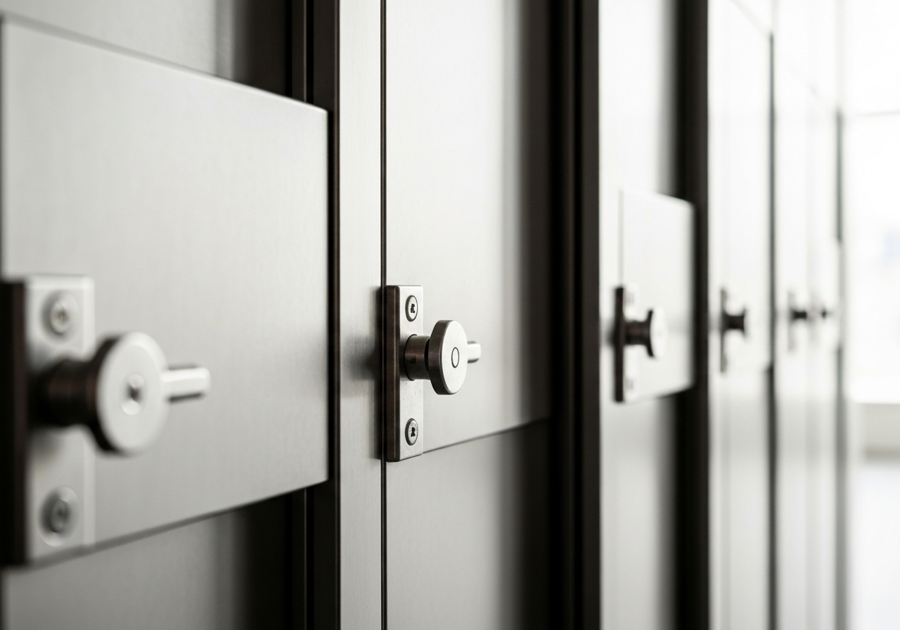A close-up of a modern, secure luggage storage locker area, minimalist aesthetic, clean metallic surfaces, bright interior with soft natural lighting, editorial photography style, 85mm lens, depth of field, no text, no words, no letters