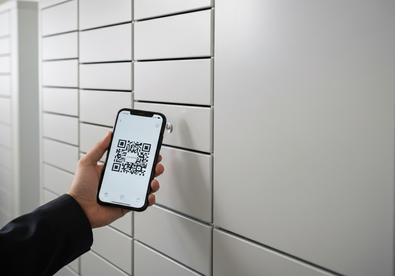 A smartphone displaying a bright QR code held in front of a modern parcel locker, professional warehouse background, clean minimalist aesthetic, soft natural light, 85mm lens, highly detailed, no text, no letters