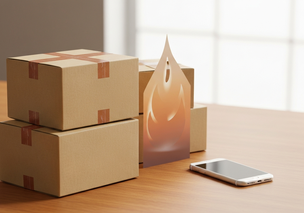 A neat stack of parcel boxes next to a stylized shipping label and a smartphone, minimalist desk environment, editorial photography, soft natural light, 85mm lens, sharp focus, no text, no words, no letters.
