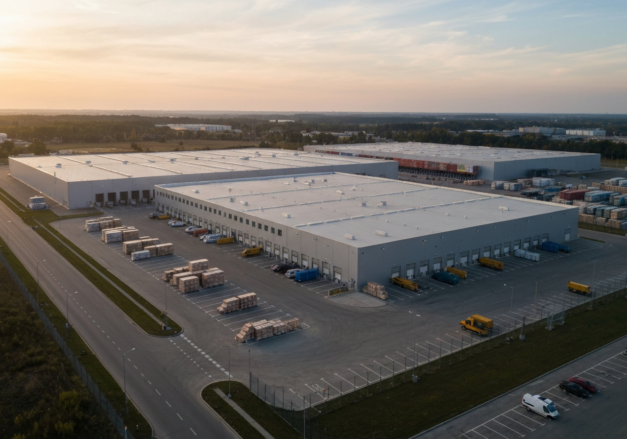 Aerial view of a modern industrial logistics hub in Modřice, clean infrastructure, organized warehouse facility, editorial photography, cinematic lighting, soft morning sun, 85mm lens, highly detailed, no text, no letters, no people.