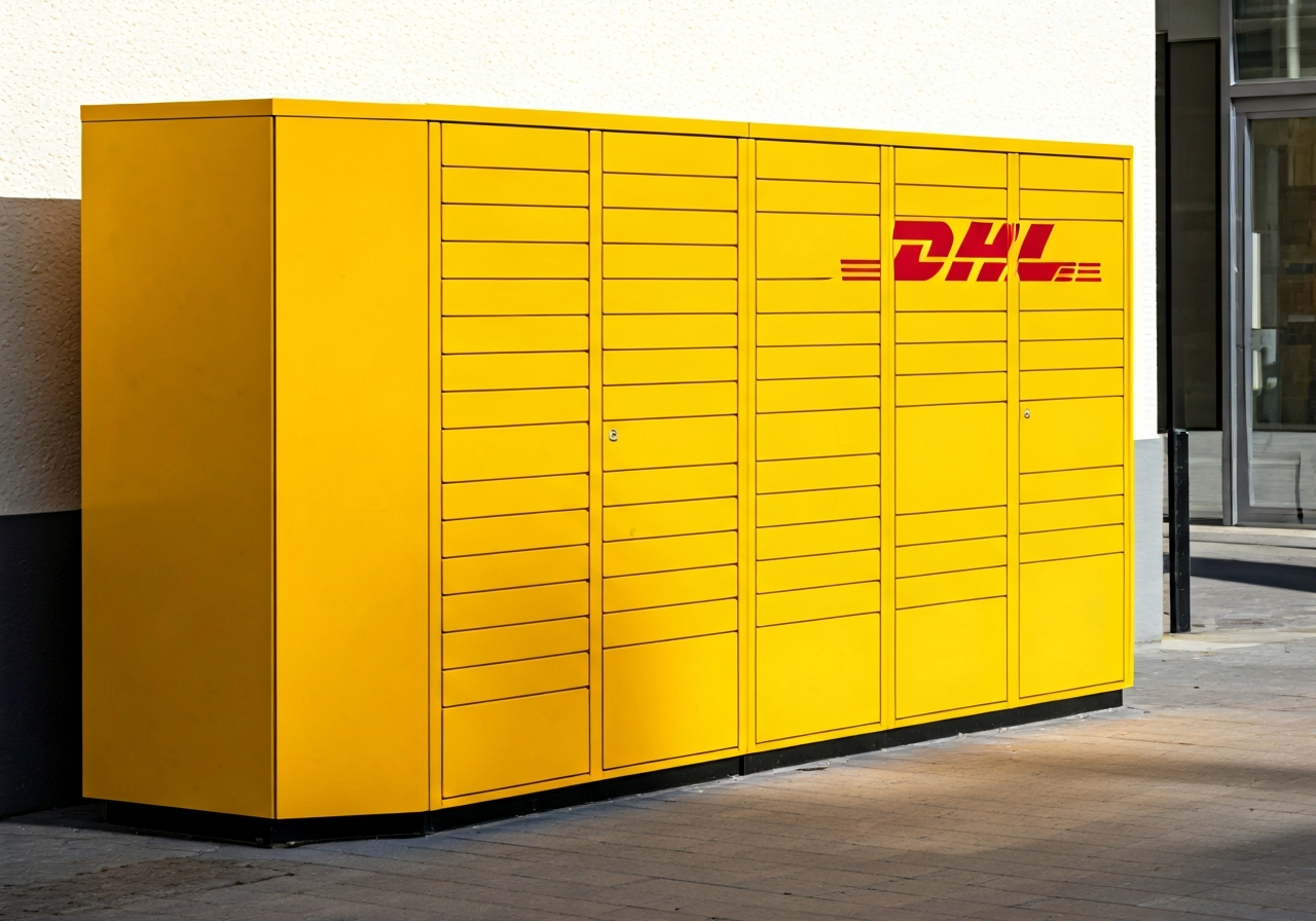 A modern, clean outdoor DHL automated parcel locker station in a bright, sunny city street of Brno, urban setting, editorial photography, 85mm lens, soft natural lighting, high detail, no text, no words, no letters