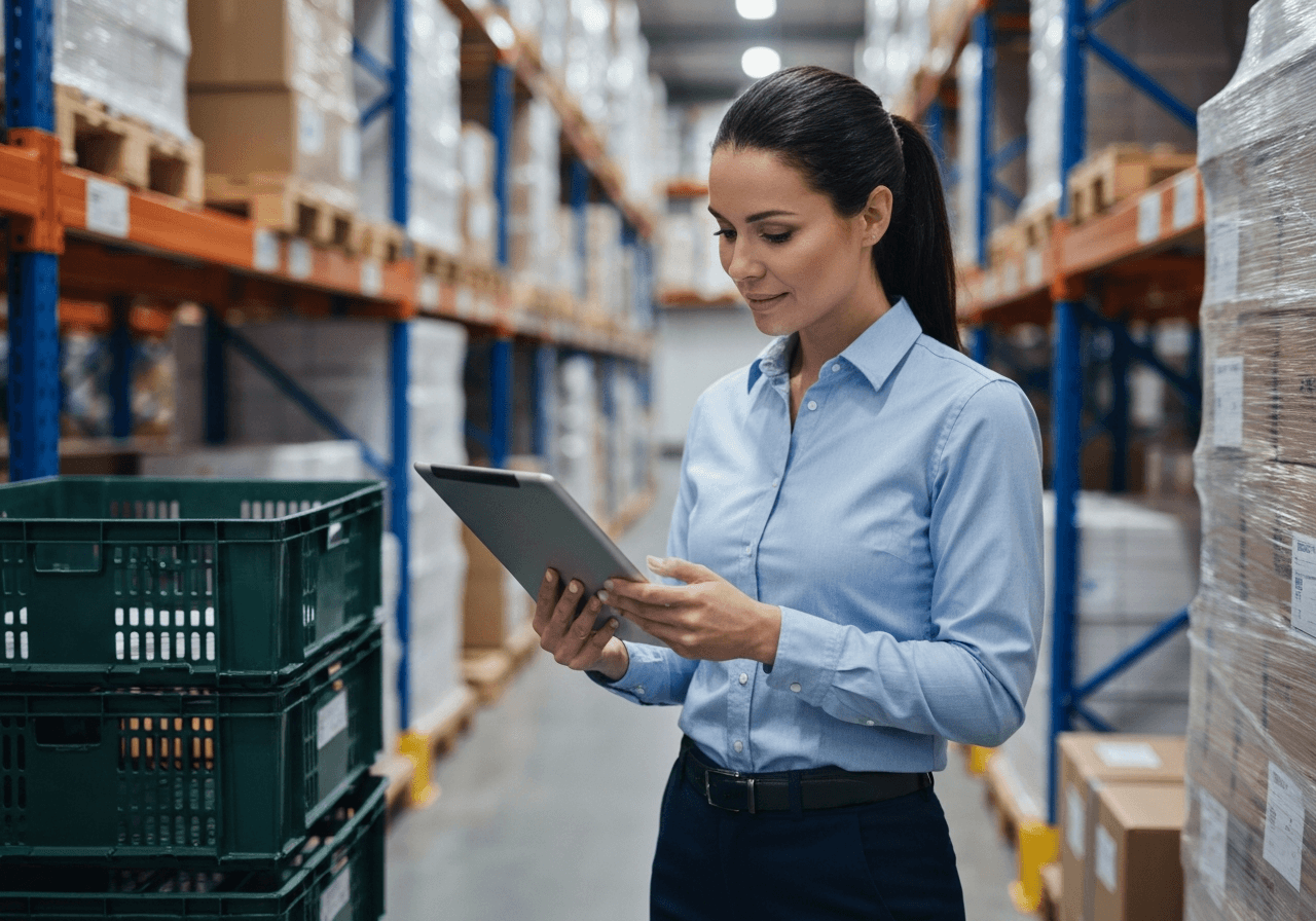 A professional logistics warehouse manager looking at a tablet in a modern, clean distribution center, crates and packages in the background, professional editorial photography, soft natural lighting, 85mm lens, high resolution, no text, no words, no letters.