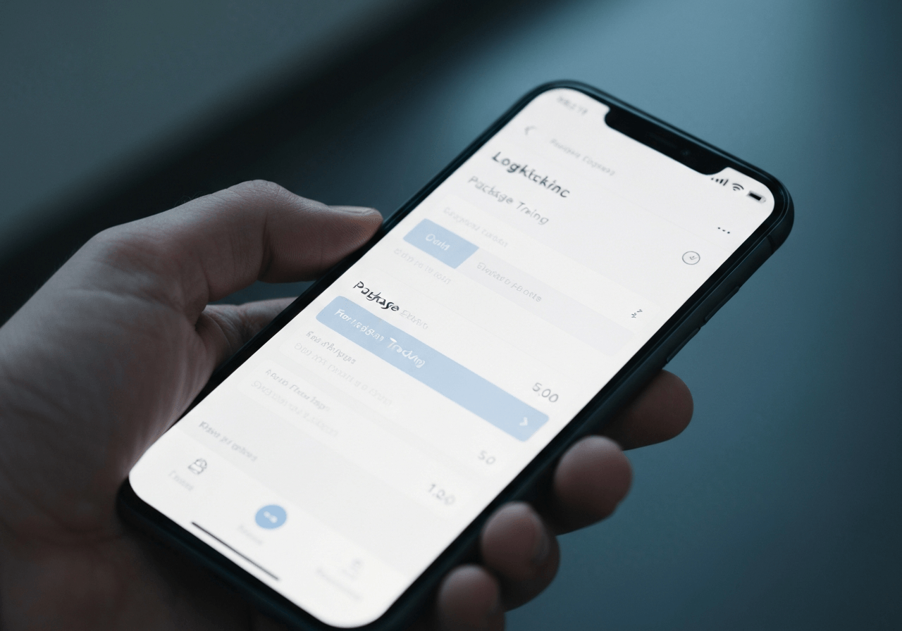 A close-up shot of a modern smartphone held in a hand showing a clean, user-friendly package tracking interface of a logistics app, soft natural light, minimalist aesthetic, blurred background of a modern living room, 85mm lens, highly detailed, no text, no words, no letters