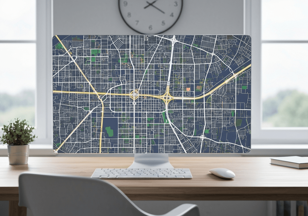 A professional digital map overlay on a clean, modern workspace, focus on city streets and postal zones, editorial photography, soft natural light, 85mm lens, high resolution, no text, no letters.