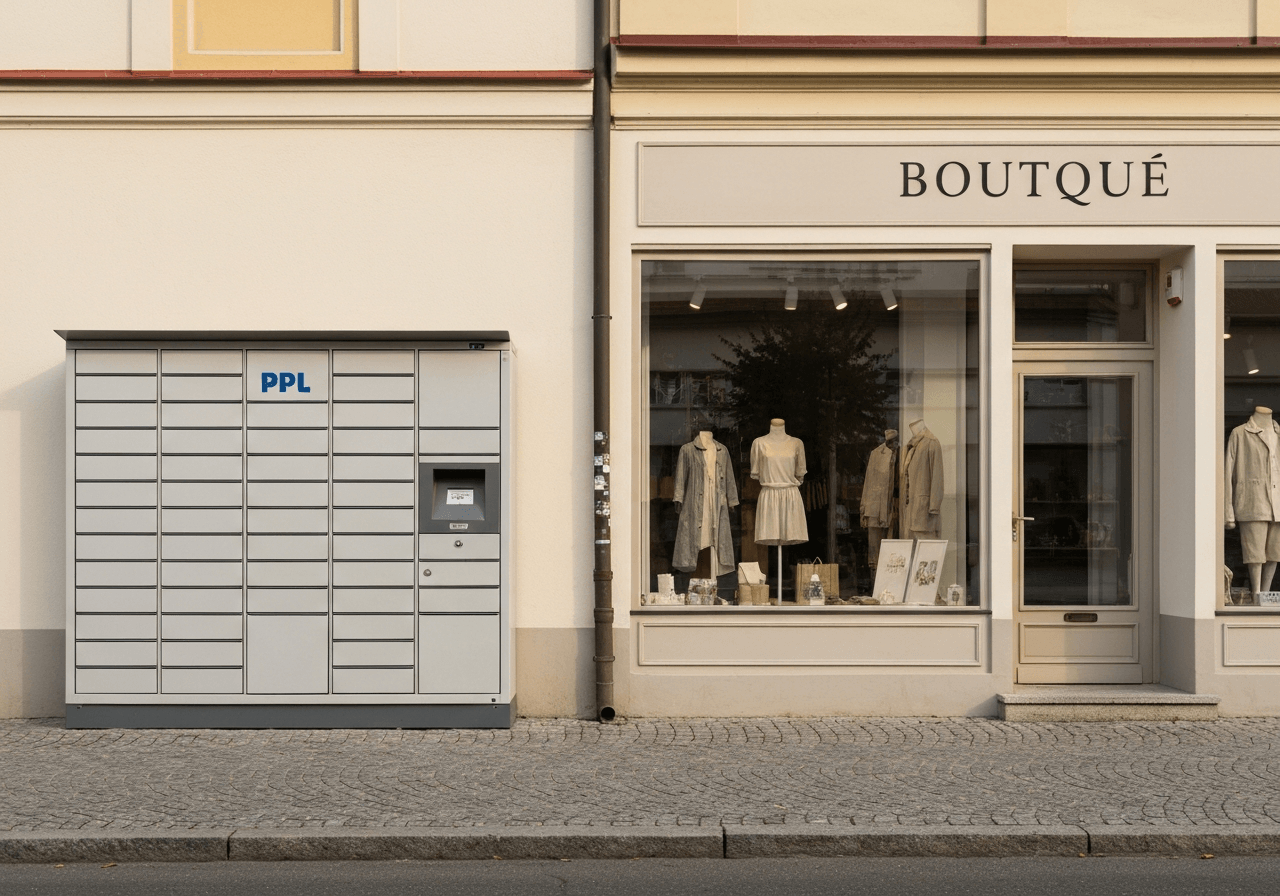 A high-quality editorial shot of a modern PPL parcel locker next to a neat boutique storefront, urban setting in Boskovice, clean architecture, soft natural morning light, 85mm lens, professional photography, no text, no words, no letters.