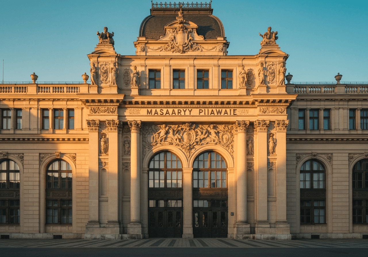 Historical Neo-Renaissance facade of Masaryk Railway Station in Prague, editorial architecture photography, soft morning sunlight, wide angle, high resolution, no text, no letters