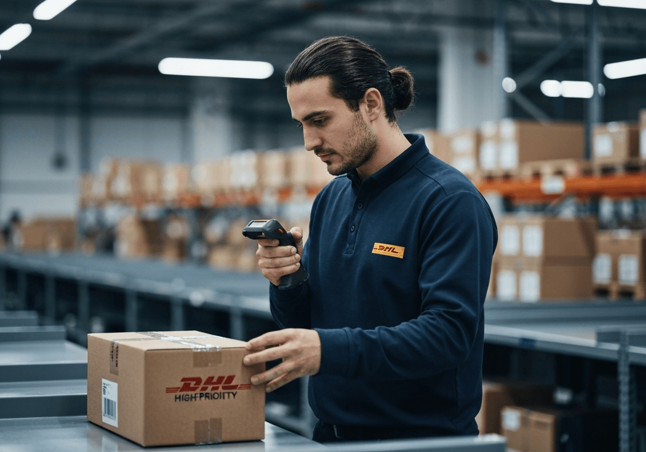 A professional logistics worker scanning a high-priority parcel in a modern, organized DHL sorting facility, blurred warehouse background, editorial photography, cinematic lighting, high-end corporate aesthetic, 85mm lens, no text, no words, no letters.